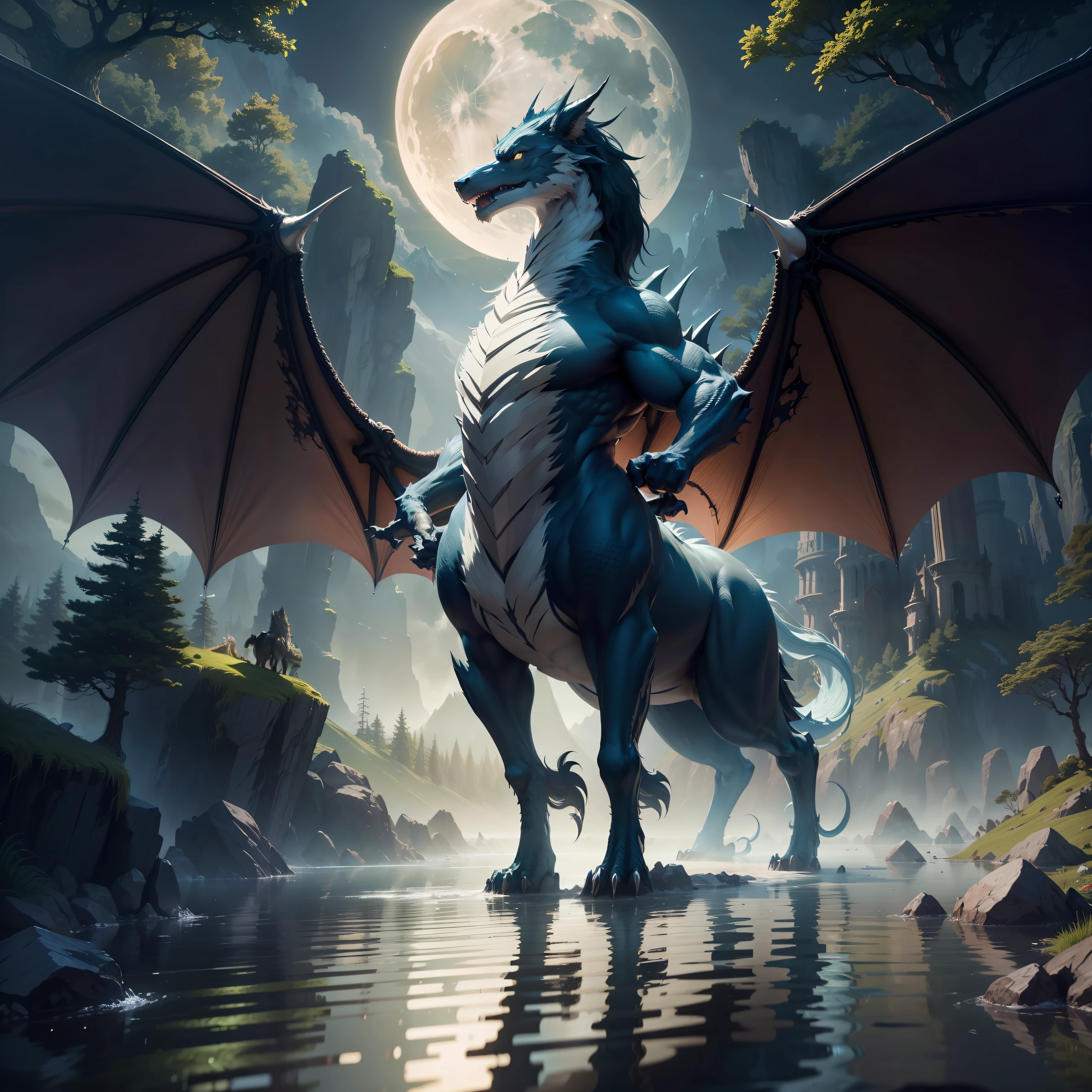 tmasterpiece,Best quality at best,high high quality,the Extremely Detailed CG Unity 8K Wallpapers,An enchanting and dreamy scene of a fantasy forest,towering trees,Mountains and lakes with moon in the sky,Highly detailed digital art in 4K,4K HD wallpapers very detailed,impressive fantasy landscape,Sci-fi fantasy desktop wallpaper,Unreal Engine 4K wallpapers,4K detailed digital art,Sci-fi fantasy wallpaper,Epic dreamy fantasy landscape,4k hd matte digital painting,8K stunning artwork,half wolf, The half-dragon stands on its hind legs in the water,Sideways photo,There are extra-long dragon tails。There are vertical scales on the back。The eyes are fierce。Has big furry ears。The villain is handsome,Strong and powerful, Dramatic cinematic details fur, hyper realistic fur, highly realistic photograph, cinematic full body shot, cinematic full shot, guardian of the holy lake, adventure hyper realistic render, volumetric fur, ultra-realistic picture, Make a gesture of majesty, hyperreal rendering,A combination of mythical creatures, Wolf and dragon