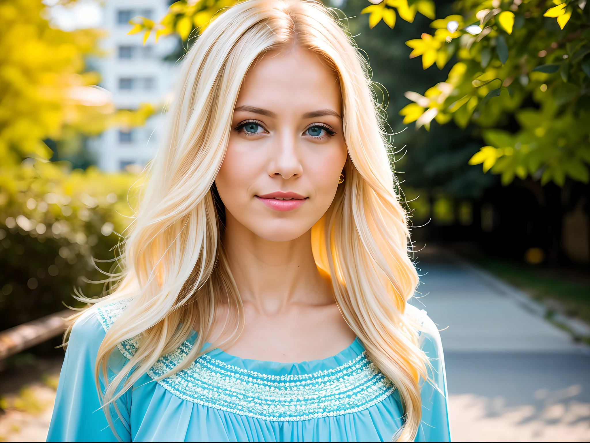 1 western woman, yellow long hair, beautiful white skin, 40 y.o , portrait shot, blue eyes, standing near a building, clearly face, rich detail, wearing light blue dress, with sun behind, bokeh, masterpiece, best quality, 8k uhd, dslr, film grain, taken by Nikon D700 photorealistic painting art by midjourney, sigma art 85mm, f1:2