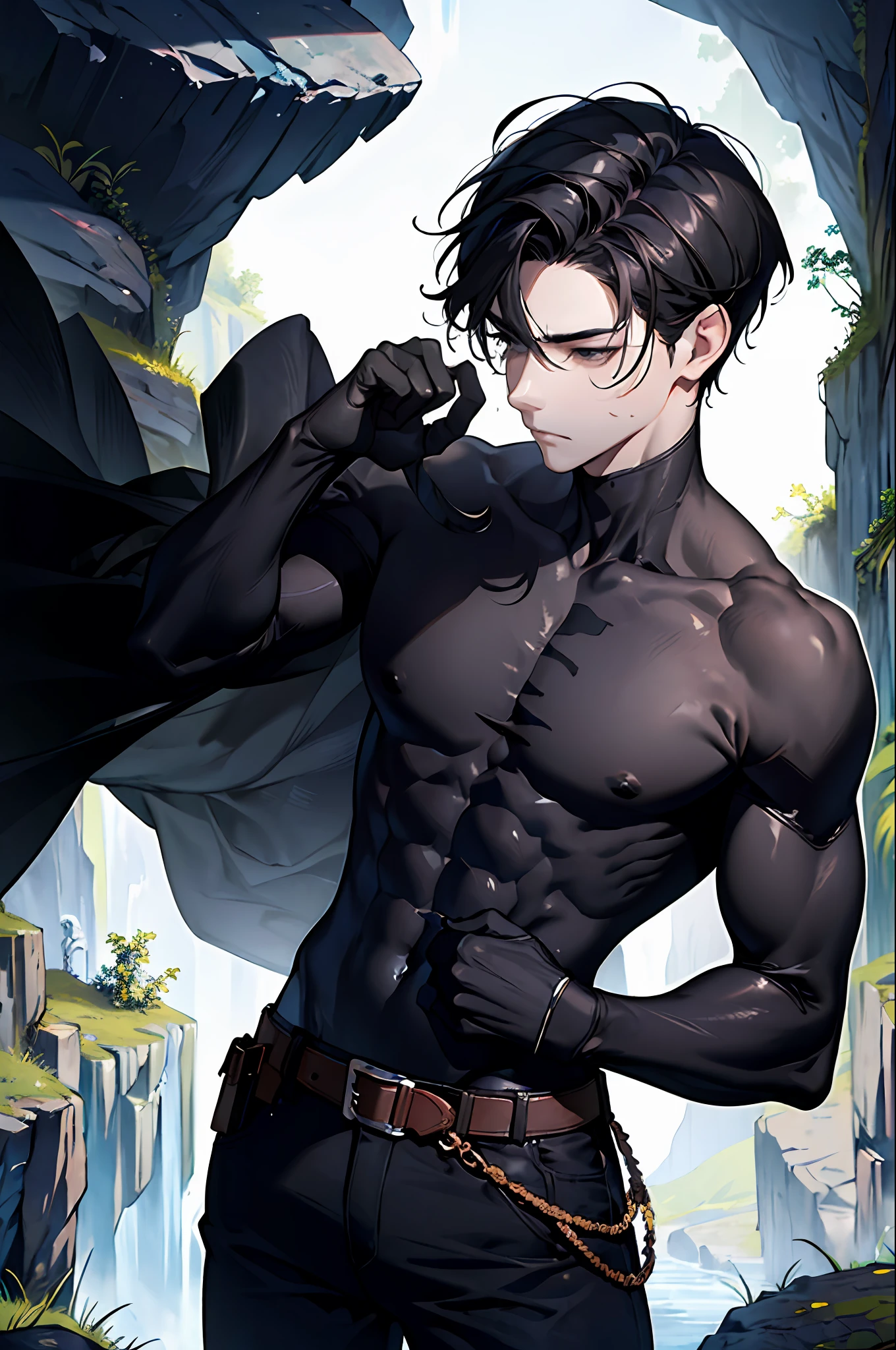 (masterpiece, best quality:1.2), cowboy footage, solo, male focus, 1 guy, muscular male, expressionless, looking at viewer, hands on hips, tight black t-shirt, top T-shirt showing biceps, toned body, tight pants, a lump in the pants, short hair, black hair, has a scar on his left bicep. The background is a closed, wet rock cave, with several hundred pupa crawling around, [closed cave], [murky], [dark]