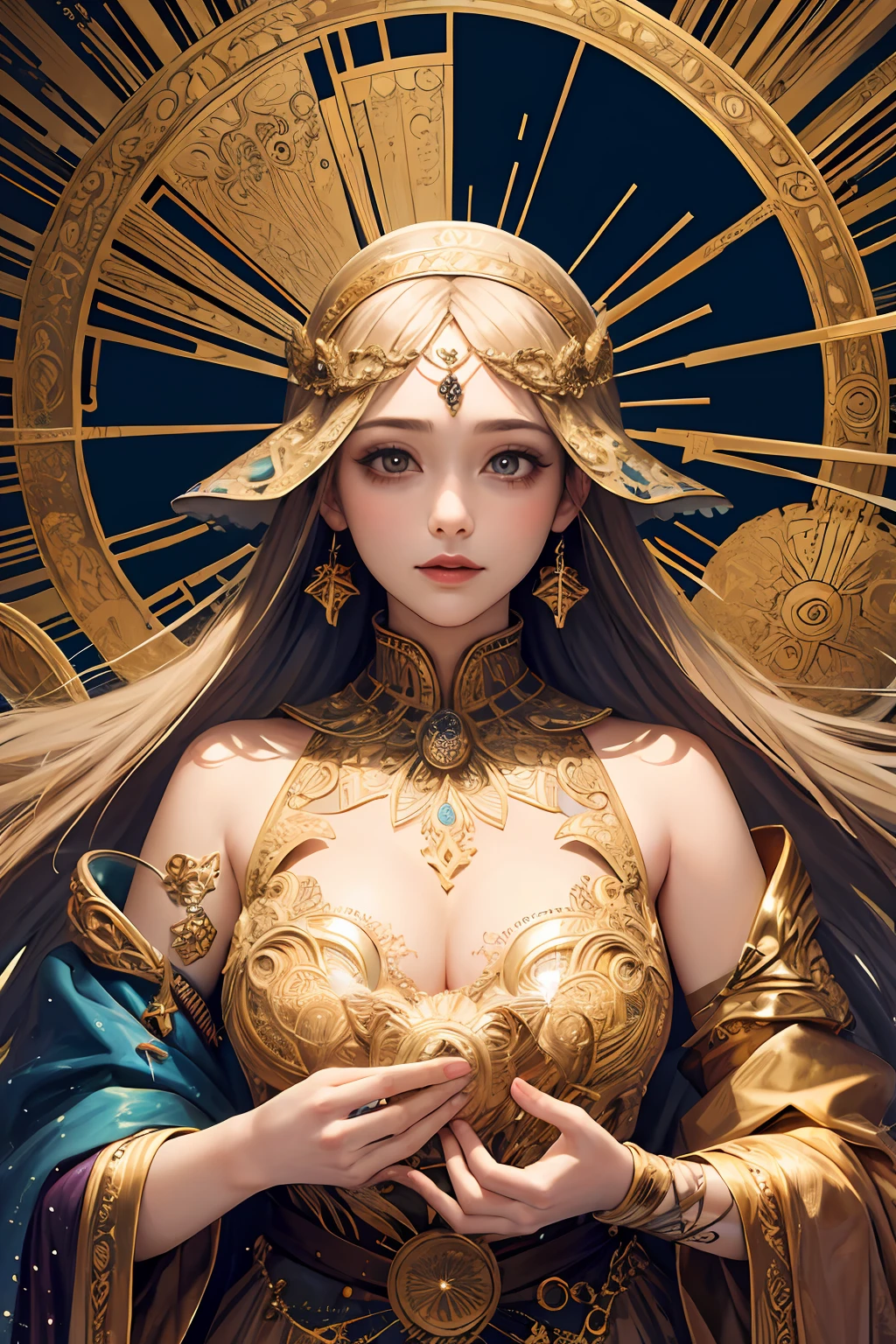 (masterpiece, top quality, best quality, official art, beautiful and aesthetic:1.2), (1girl), extreme detailed,colorful,highest detailed, official art, unity 8k wallpaper, ultra detailed, beautiful and aesthetic, beautiful, masterpiece, best quality, (zentangle, mandala, tangle, entangle) ,holy light,gold foil,gold leaf art,glitter drawing, PerfectNwsjMajic