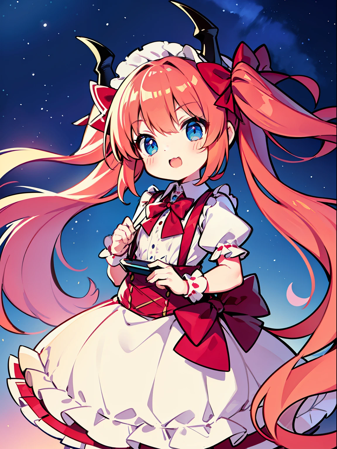 {{best quality}}, {{masterpiece}}, {{ultra-detailed}}, {illustration}, {detailed light}, red hair,blue eyes,twintails,lolita,Suspenders skirt,Fantastic,loli,solo,Dragon horns,little girl,long hair