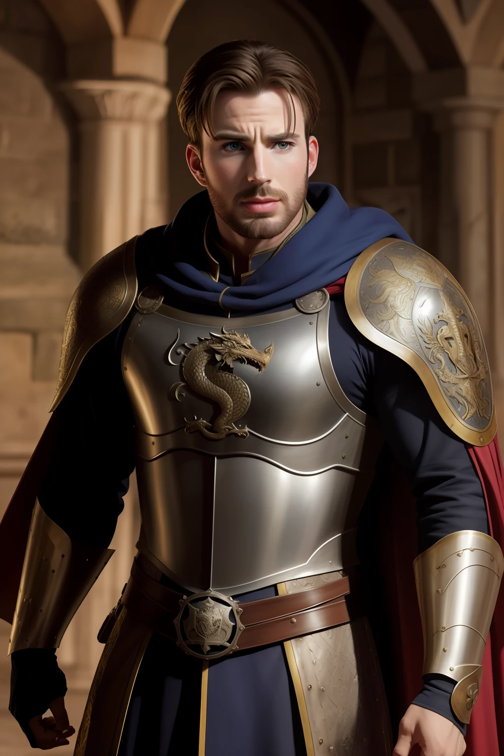 Chris Evans nobre medieval, corpo inteiro, armadura leve, cavalheiro, olhos verdes, cabelo dourado, shoulder length hair, fotorrealista, super detalhado, luzes brilhantes, modelo de personagem, fundo de castelo, jogo, visual novel, retrato corpo inteiro, Coat of arms of a dragon on armor