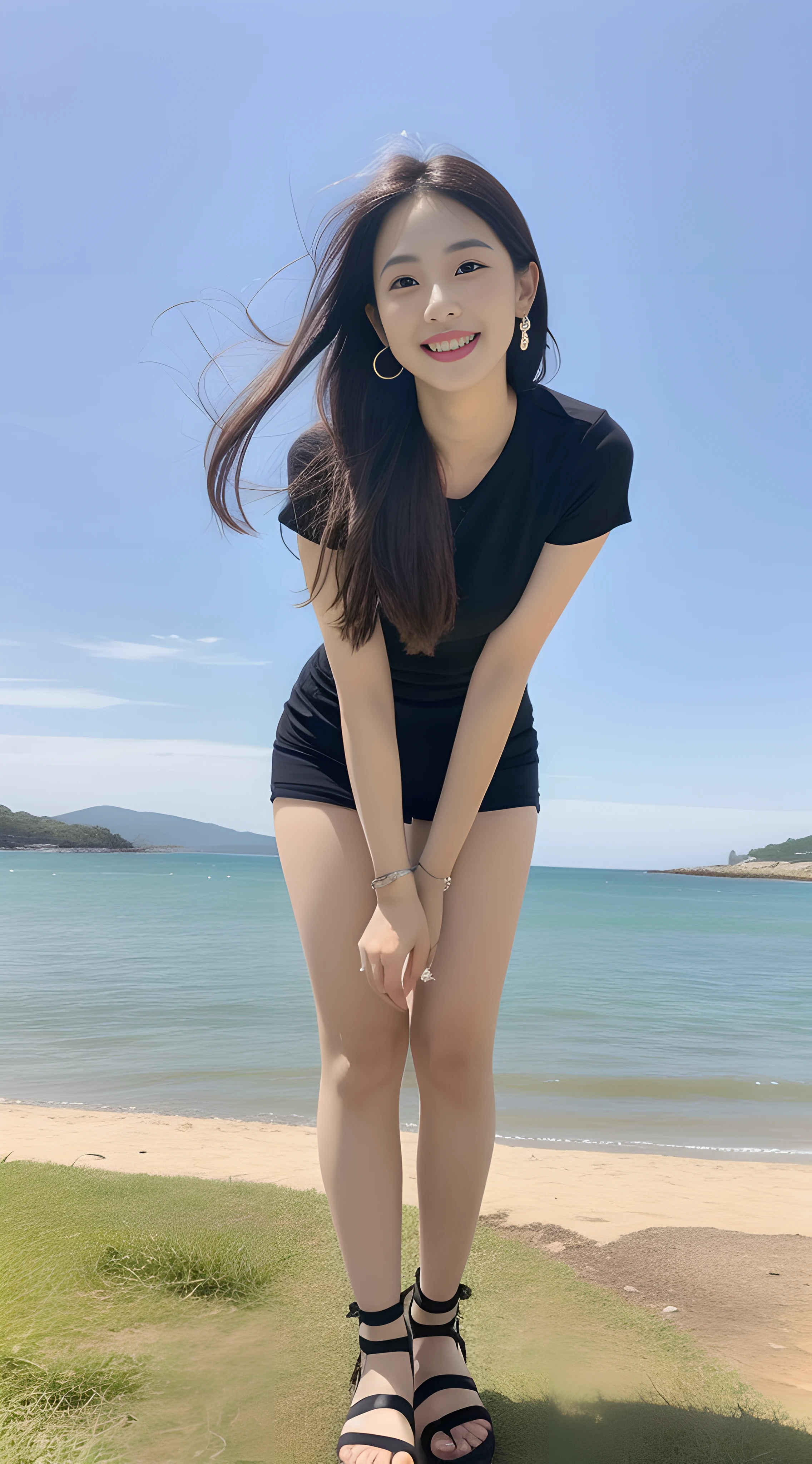 a young, Beautiful and lovely 18 year old girl,Full body photo,Extremely beautiful and delicate,Black color hair,Pouting and smiling,Delicate and beautiful fair skin,Realistic and realistic,exquisite and complete facial features,Detailed depiction of the face,tall nose bridge,Smooth hair,extremely detail hair,Feminine temperament,Tall and tall,Thin,Realiy,White teeth,Tied up with hair,Hyper-realism,sandals,full body shot shot,Forward tilt angle,Extreme picture quality,Highest precision,Precise and perfect human anatomy。with blue sky and white clouds,rays of sunshine,Cows, sheeps, (Crop topping,)(telephoto shot,)Express the landscape,Highlight portrait。Sitting on the beach by the sea。Wearing earrings