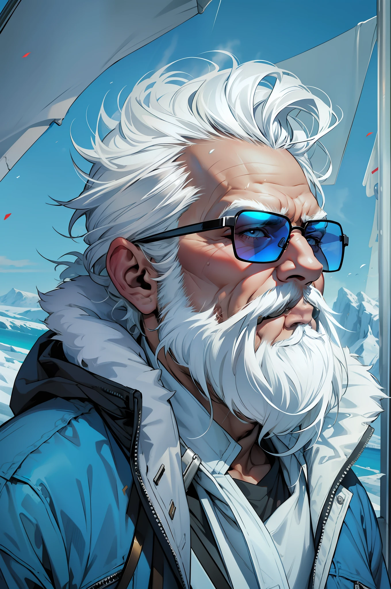 An elderly man sporting sunglasses, a majestic white beard, and superman-esque white hair, donning a stylish blue antarctic parka.