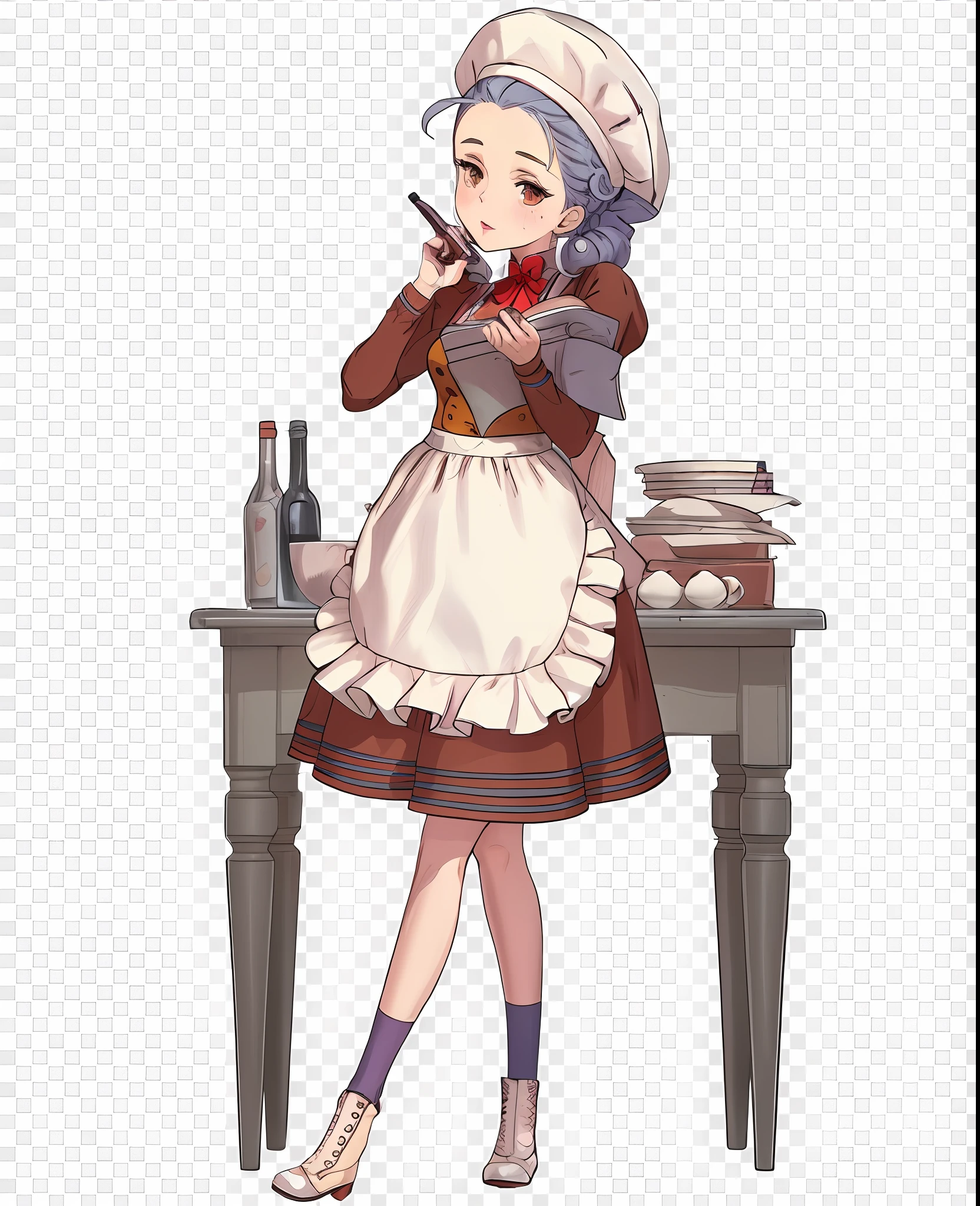 Anime girl in a maid's outfit standing at a table with a bottle of wine, Arte Oficial do personagem, Arte Oficial, protagonista feminina 👀 :8, Arte Oficial altamente detalhada, Lulua Office, official character illustration, ( ( arte conceitual do personagem ) ), sprite visual novel, menina alquimista, Arte Oficial, retrato de corpo inteiro de um curto!, ( waitress ) garota, personagem principal