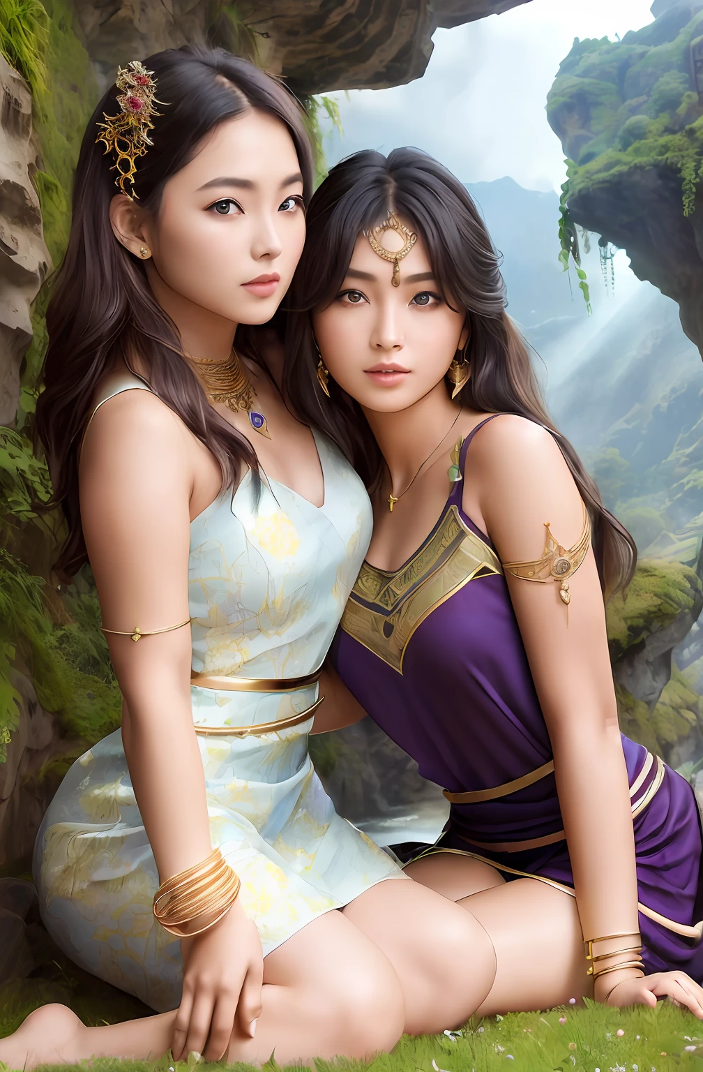 2girls,duo,{2 beautiful women},8K Raw photograph,超高分辨率, filmgrain, filmg,Look at the viewer, Natural skin texture,Realistic eye and face details,((Realistic:1.5)),Ulzzang-6500:1.4,((Best quality)), ((Masterpiece)),((Detailed)),(Upper body:1.3),Hug and touch each other, Tease your friend's waist, Breathless friends, Biting a friend's earlobe, crouched,super wide shot,Face focus, Long legs,Curvy, Barefoot,Wide hips, Thin legs, Oversized eyes,Long eyelashes, (Detailed face,beautidful eyes, detailedpupils,detailed clothes features, Clear background:1.3), (armlets, bangle:1.3), Mysterious ancient ruins, floresta exuberante, Deep canyon,bridge,River,cliff,Cloud,lakes,Rock music,Waterfalls, Flowers, Grass,grape trees,tree,bright detail,Sharp,Perfect compounding, Intricate, Sharp focus, Dramatic,