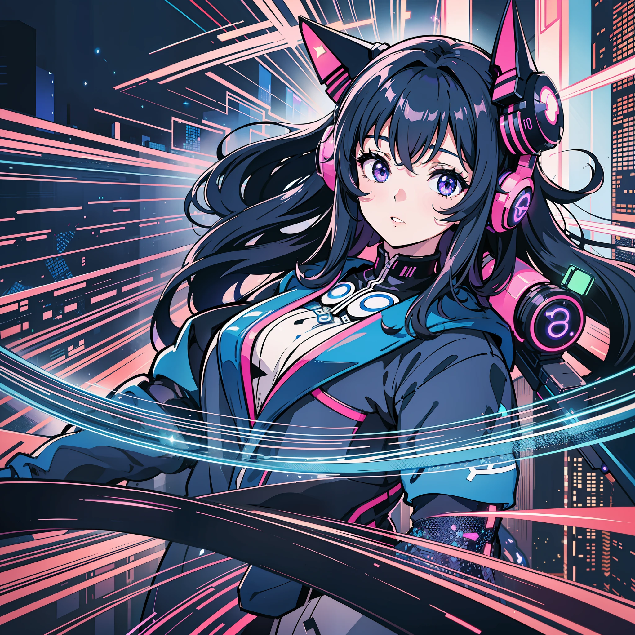 Cool wallpaper for girls, Dark blue and purple, Neon lights, Futuristic city skyline, stars, Space elements, Abstract geometry, Digital glitch effect, Anime characters, scribble art, Stylish aesthetics, 4K 分辨率