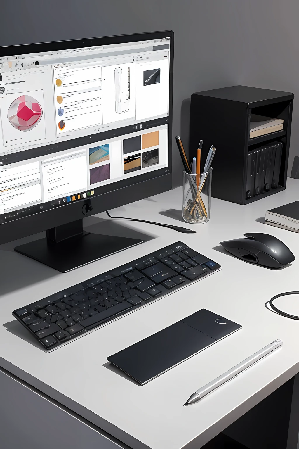 A designer’s desk with various tools, including a keyboard, mouse, color swatches, and color wheel. A hand is holding a stylus and working on a graphic tablet. The desk is white and the background is gray