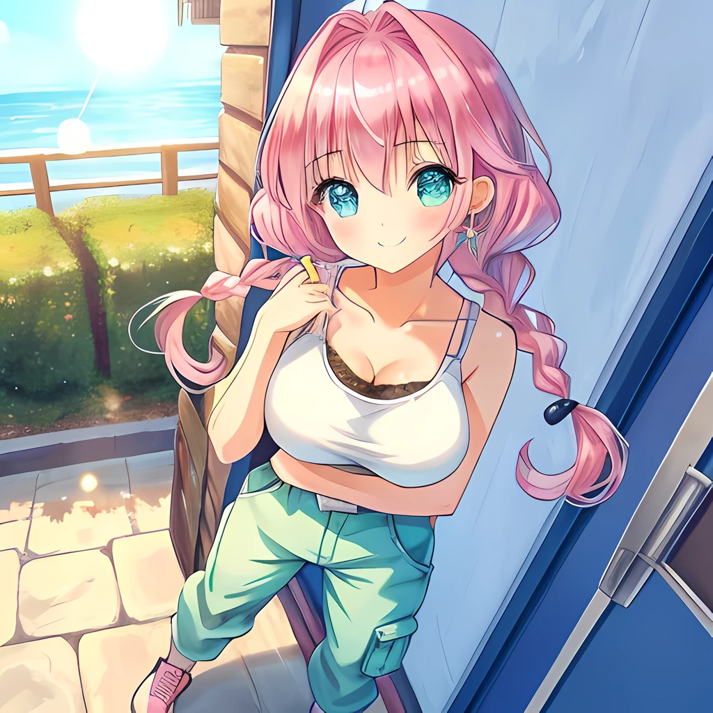 (Highly detailed CG Unity 8k wallpaper), (Best Quality), (Super Detail), (Best Illustration), (Best Shadow), POV, Realistic lighting and shading, Natural light, Lens flare effect, BREAK, 1 beautiful girl, Solo,(Cute:1.5),(Chibi:0.8), (kawaii:1.5),(Lori:0.5), BREAK, ( ( years olirl), Very detailed, colourfull, highest details, BREAK, (Huge breasts: 1. 2,), Clear skin, Beautiful skin, Shy skin, 1 beautiful girl,{Heterochromia,pale blue eyes,pale green eyes:1.5}, star eye silhouette, Break HA , (Pink hair, Medium length:1.2),(Braided hairstyle:1.1),(Large breasts:1. 5), (long eyelashes, Double eyelids: 1. 2), Solo, gleaming skin, BREAK,(Belted cargo pants, tank top, sneakers
:1.2), (star-shaped earring:1.1), (Lace headband:1.0), (Cute Accessories:1.3), (A smile,Happiness:1.1), (is standing,Slouched:1.3), (Full body,angle from front,Cowboy Shot:1.1), BREAK, (Pink Room, pink walls, bed, stuffed toy, PILLOWS, parrot,:0.8) Made of stone,
