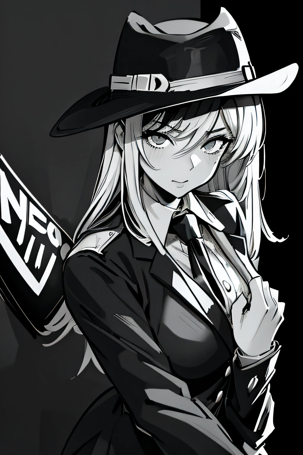 (Comic Noir Style),(black-and-white_High contrast),(Laura Budd_Pictures:0.5),(Laura Badhandoff:1.2),(Cowboy Shot),(8K resolution)、8K、Less in 8K、8K resolution、high intricate detailed、((looking at the viewers))、 A detailed face, 1girl in, 独奏,Female executives of the mafia
