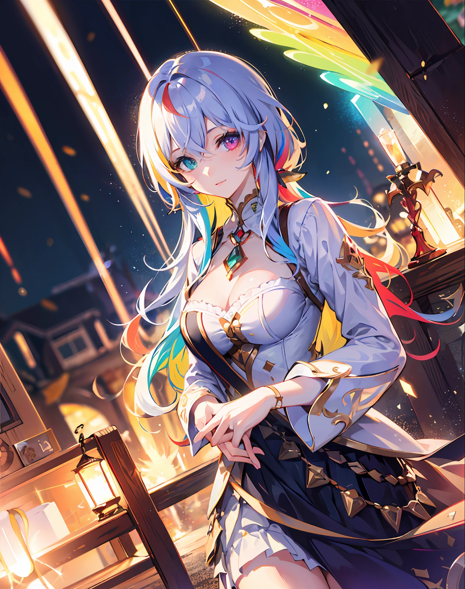 {{masterpiece}}, best quality, cinematic lighting, lens flare, medium breasts, beautiful detail eyes,  multicolor hair, colorful light particles, heterochromia, (colorful:1.5), (colorful hair:1.5),