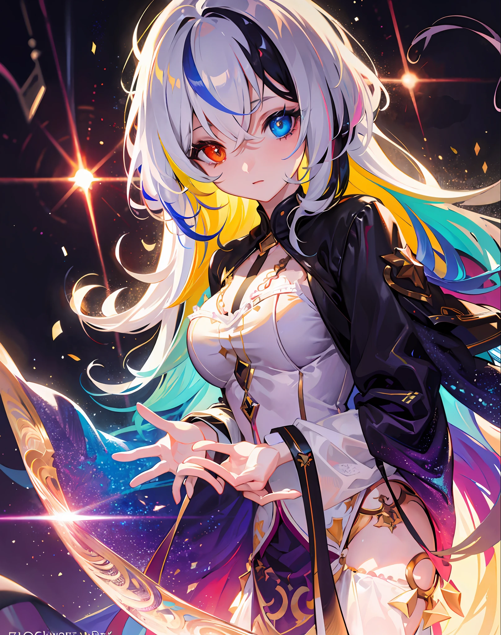 {{masterpiece}}, best quality, cinematic lighting, lens flare, medium breasts, beautiful detail eyes, multicolor hair, colorful light particles, heterochromia, (colorful:1.5), (colorful hair:1.5),