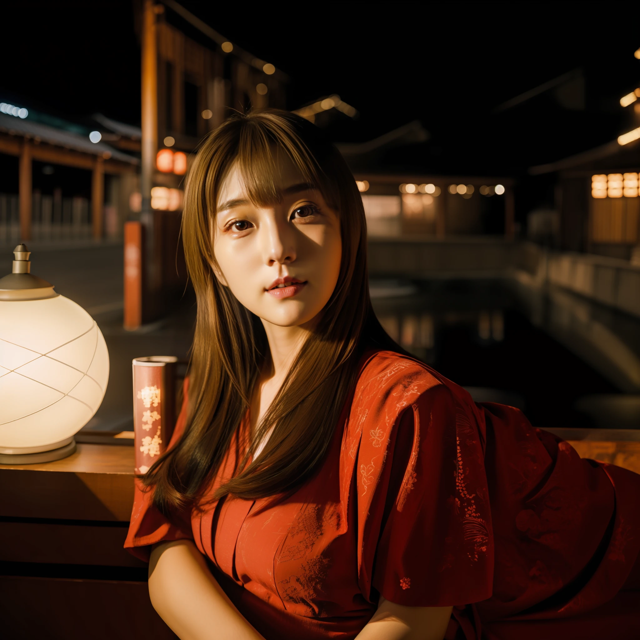 High resolution Japan 23 year old woman with light hair color long hair urban background brown dress selfie short sleeve summer