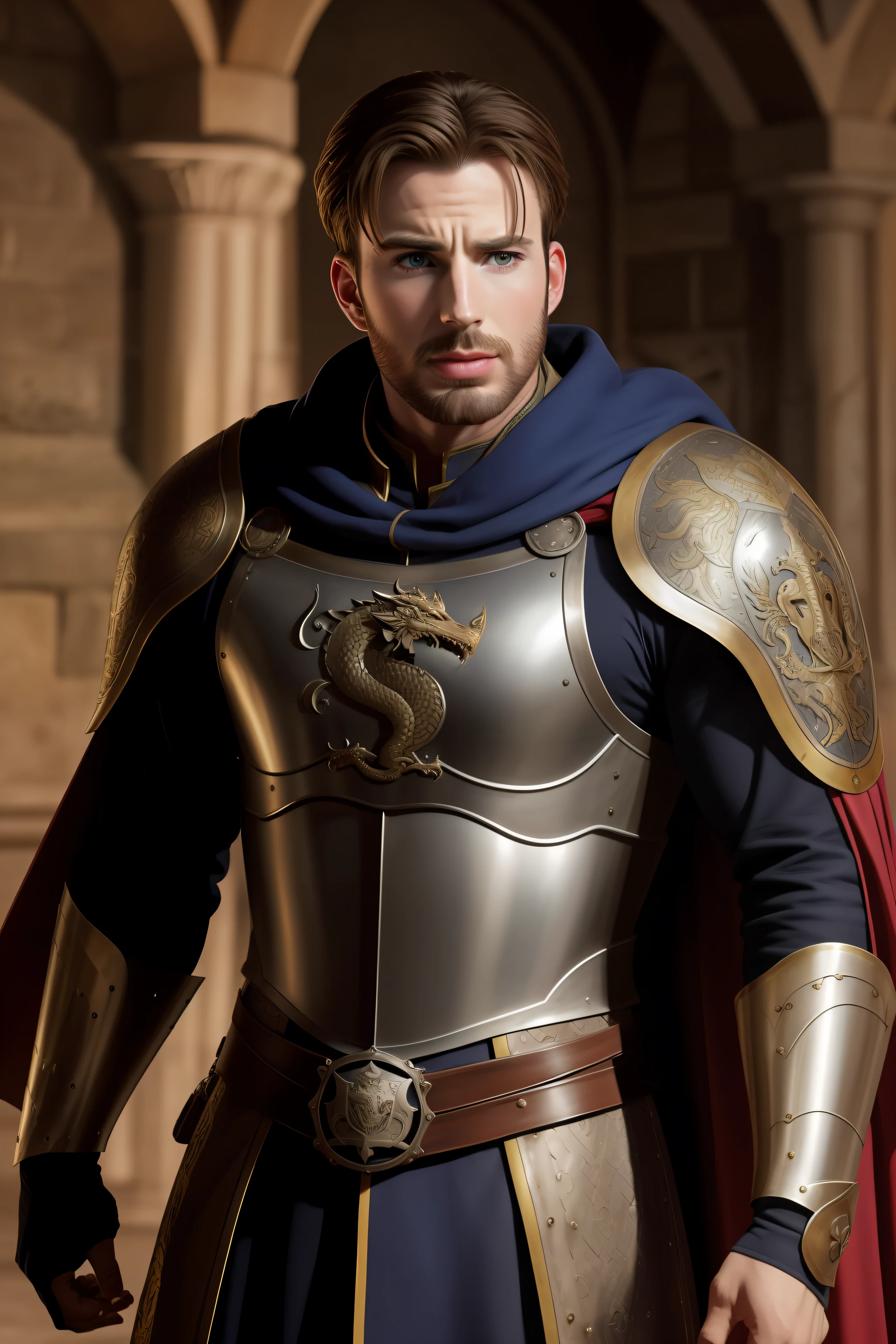 Chris Evans nobre medieval, corpo inteiro, armadura leve, cavalheiro, olhos verdes, cabelo dourado, shoulder length hair, fotorrealista, super detalhado, luzes brilhantes, modelo de personagem, fundo de castelo, jogo, visual novel, retrato corpo inteiro, Coat of arms of a dragon on armor
