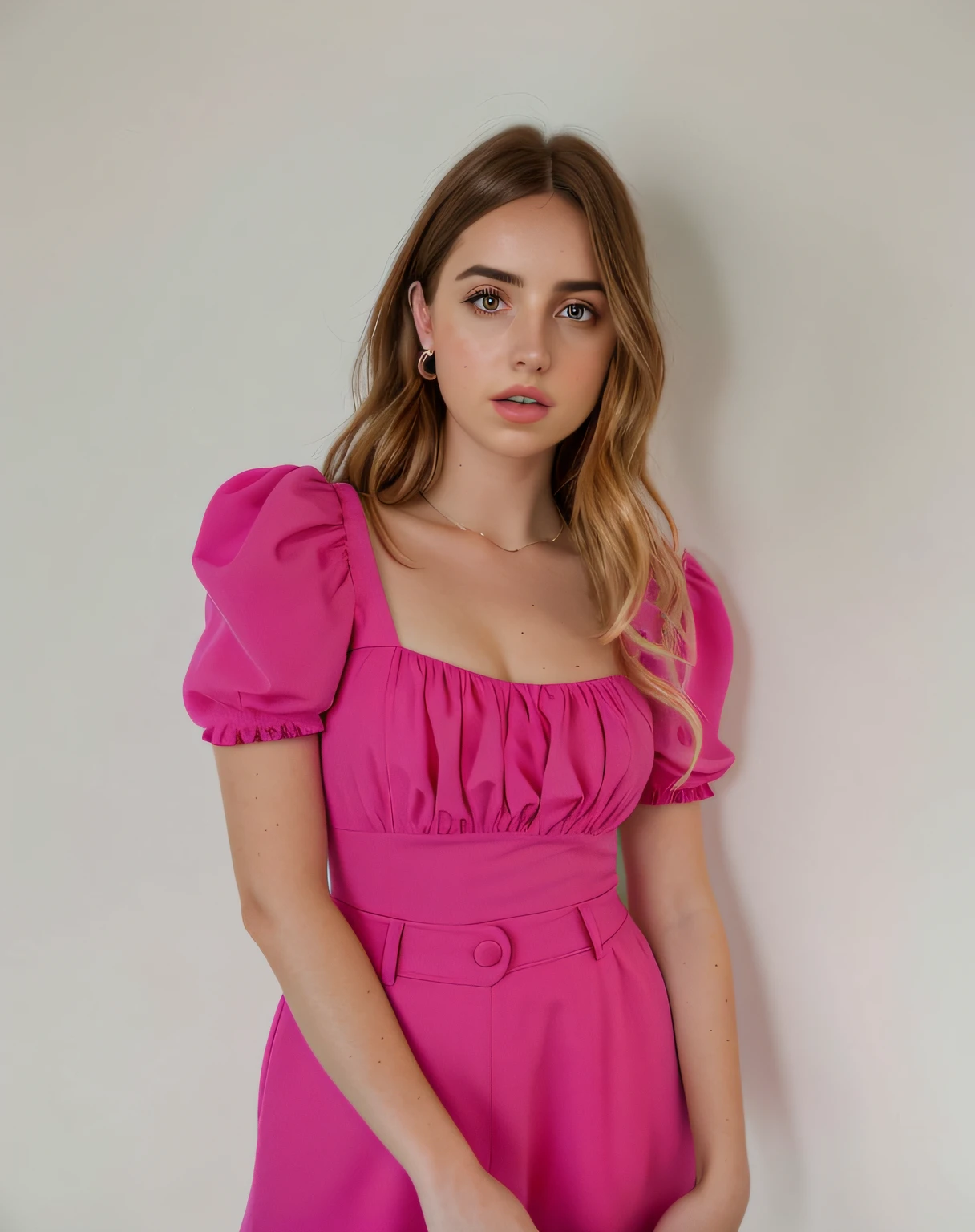 a close up of a woman in a pink top and shorts, adolable,cabellos largos dorados,wearing a pink dress, Wearing a pink dress, Puff sleeves, Pink clothes, Pink dress, magenta shirt, Ana de Armas, leesha hannigan, Porquimane, sydney sweeney, holly bruce, Portrait of Ana de Armas, ana de armas portrait, wearing a cute top