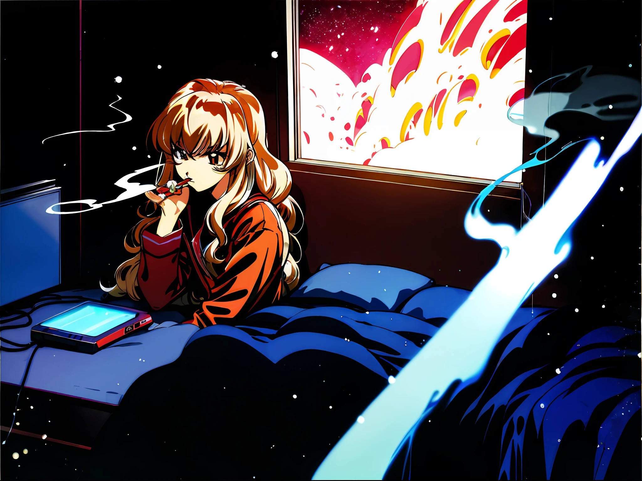 Taiga Aisaka smoking a cigarette looking out the window in a bedroom, (night), winter, (neon lights), VHS, vintage, manga style, snow, black background, (bangs), wavy hair, glitch art, light brown hair