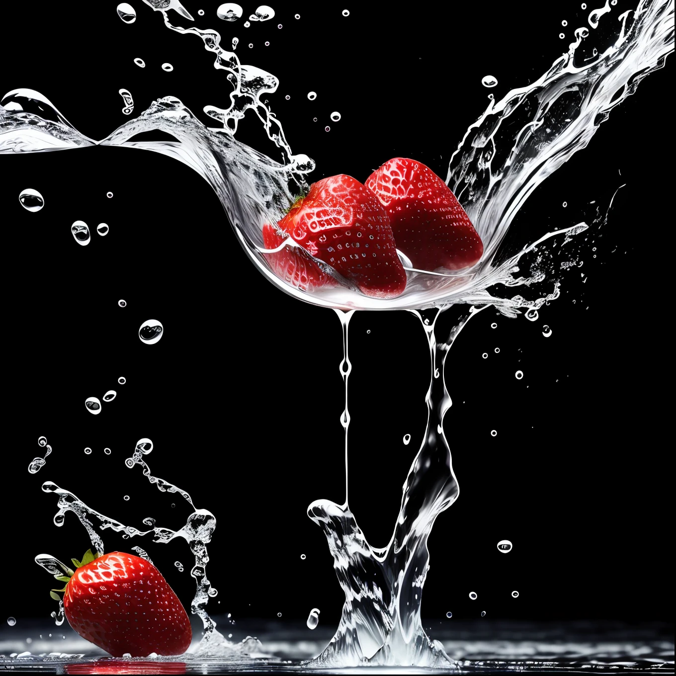 Product photography of 3 strawberries falling into water、drippy、Splash clear liquid、water bloom,dynamic compositions,Epic reality,tmasterpiece,realisticlying,Super HD,Highest high resolution,HighestQuali,beautiful art