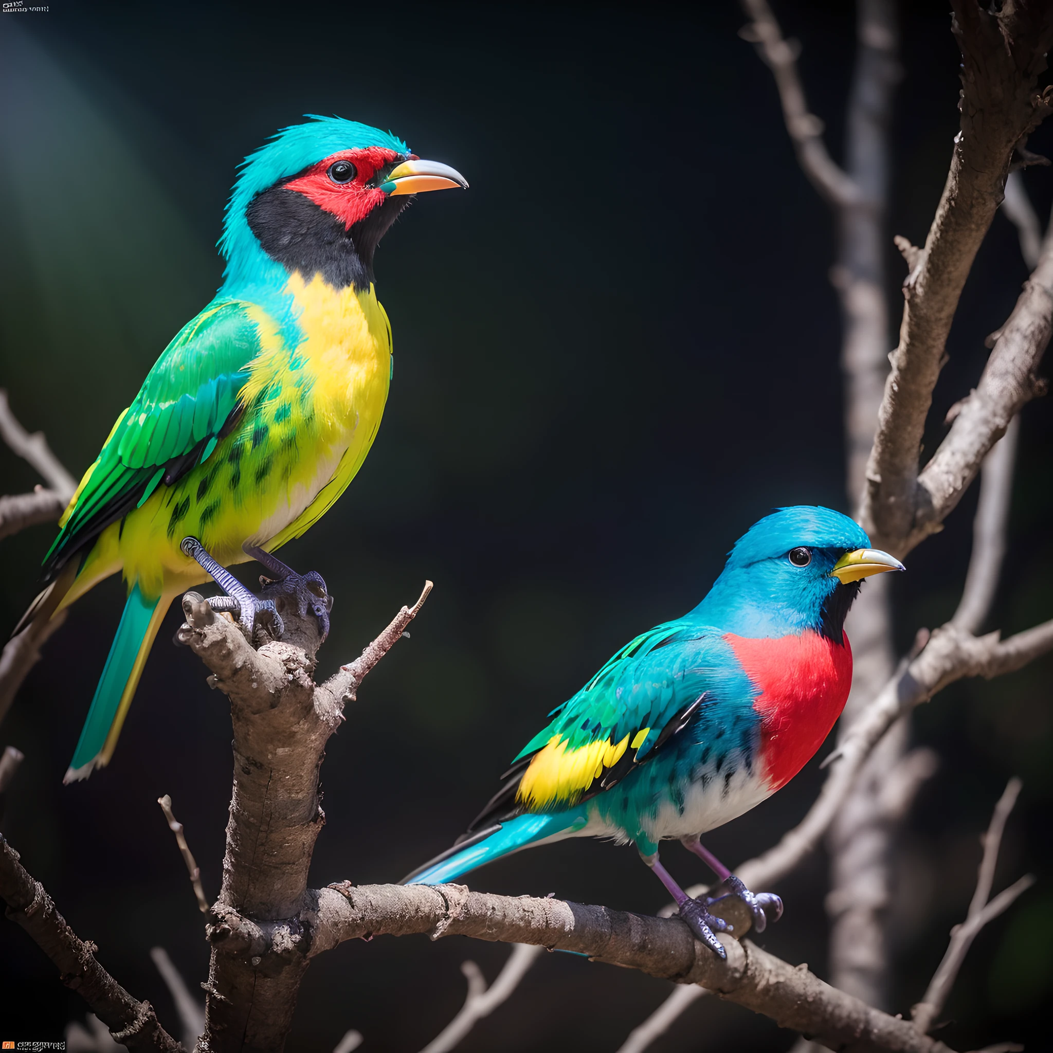 (((colorful birds perched on branches, dark mysterious forest, dramatic lighting, dark photos, night)),, best quality, ultra high resolution, (photorealism:1.4),, high resolution, detail, raw photography, clear images, by lee jeffries nikon d850 film stock photos 4 kodak portra 400 camera f1.6 lens rich colors hyper realistic vivid textures dramatic lighting unreal engine artstation trend cinestir 800 Trending digital art at Artstation 8k HD high resolution detail realistic, detailed, skin texture, ultra detailed, realistic skin texture, armature