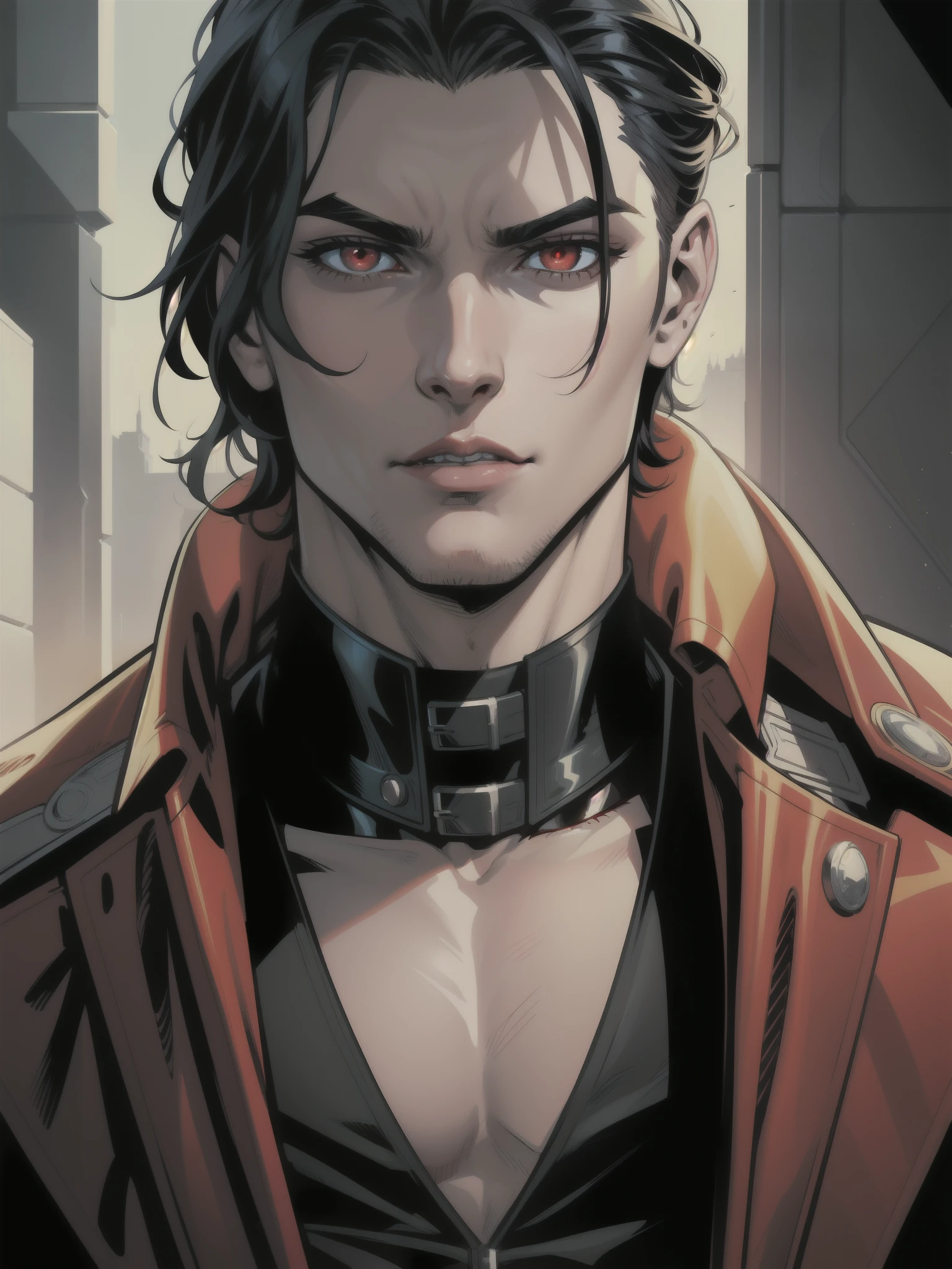 Portrait, Masterpiece, Excellent, 1boy, solo, complex details, color diffusion, comic book, anime, marvel, DC, close-up, pale skin, male vampire, black hair, dark hair, red eyes, spy attire, assassin attire, Super Spy, badass, Sci-Fi, Fantasy
