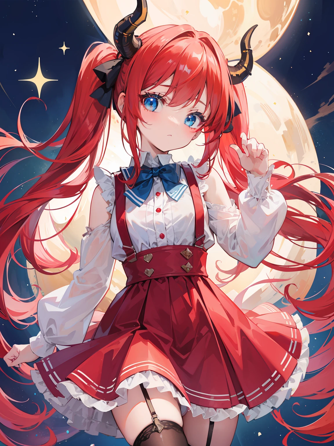 {{best quality}}, {{masterpiece}}, {{ultra-detailed}}, {illustration}, {detailed light}, red hair,blue eyes,twintails,lolita,Suspenders skirt,Fantastic,loli,solo,Dragon horns,little girl,long hair