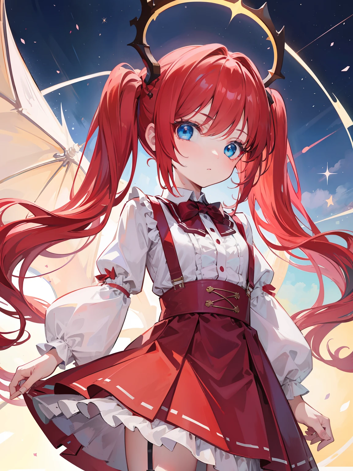 {{best quality}}, {{masterpiece}}, {{ultra-detailed}}, {illustration}, {detailed light}, red hair,blue eyes,twintails,lolita,Suspenders skirt,Fantastic,loli,solo,Dragon horns,little girl,long hair