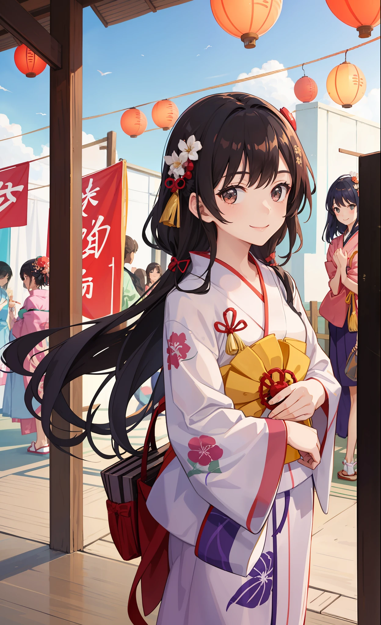 1girl in、A smile、Wearing a yukata、Summer Festivals、skyrocket、the wind、夏天、