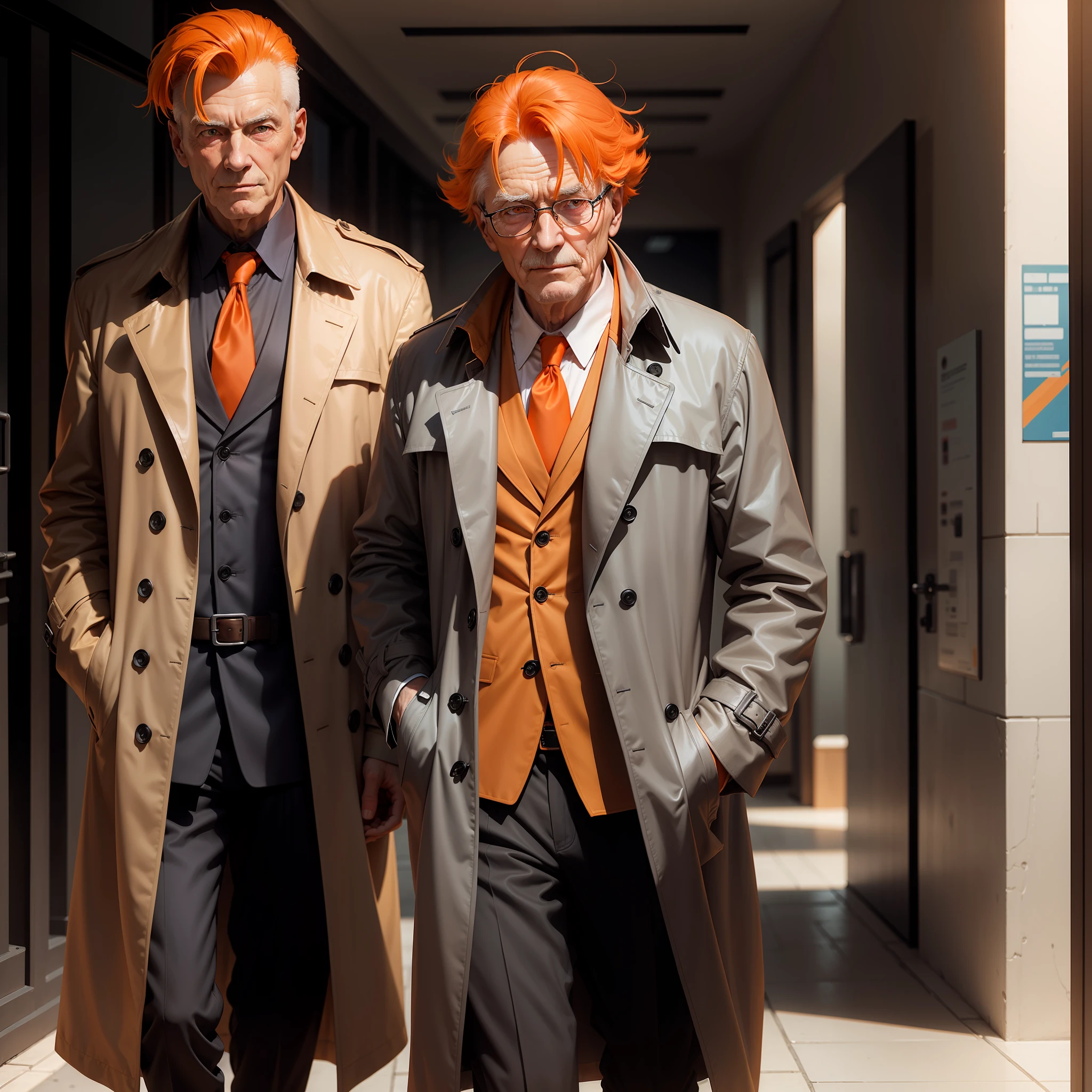 a old man，Gray trench coat，Orange eyes，Orange hair，mtu，Dignified look，ssmile