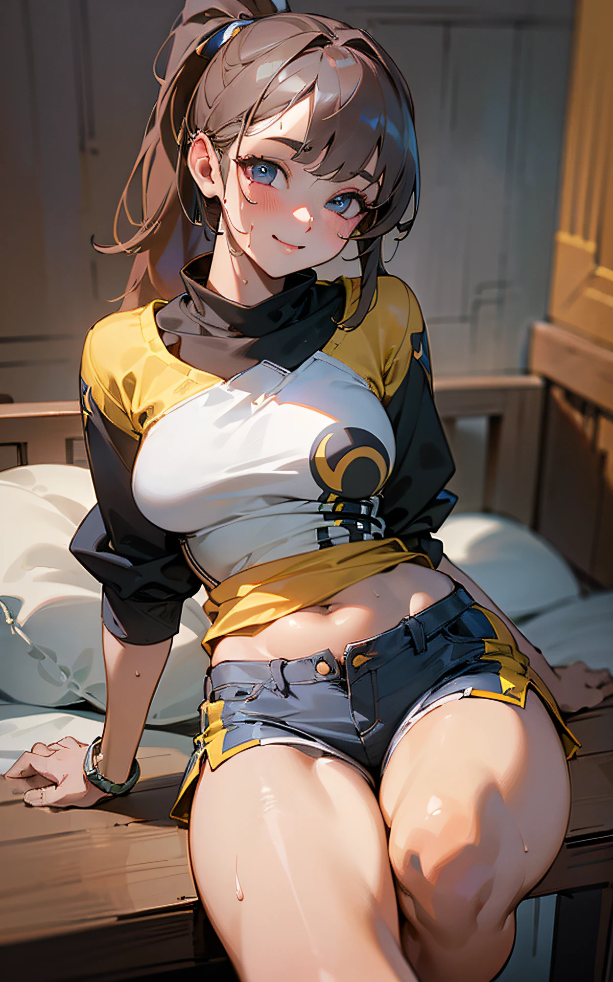 (Unity 16K Wallpaper, Masterpiece, Best Quality, Ultra-Detailed, Extremely Detailed CG, Beautiful Detailed Eyes, solo, curby), Ultra High Resolution, fine skin、sexy, Sweat, short shorts, plain tops, smile, (thigh fetish), , realistic clothing, casual clothes