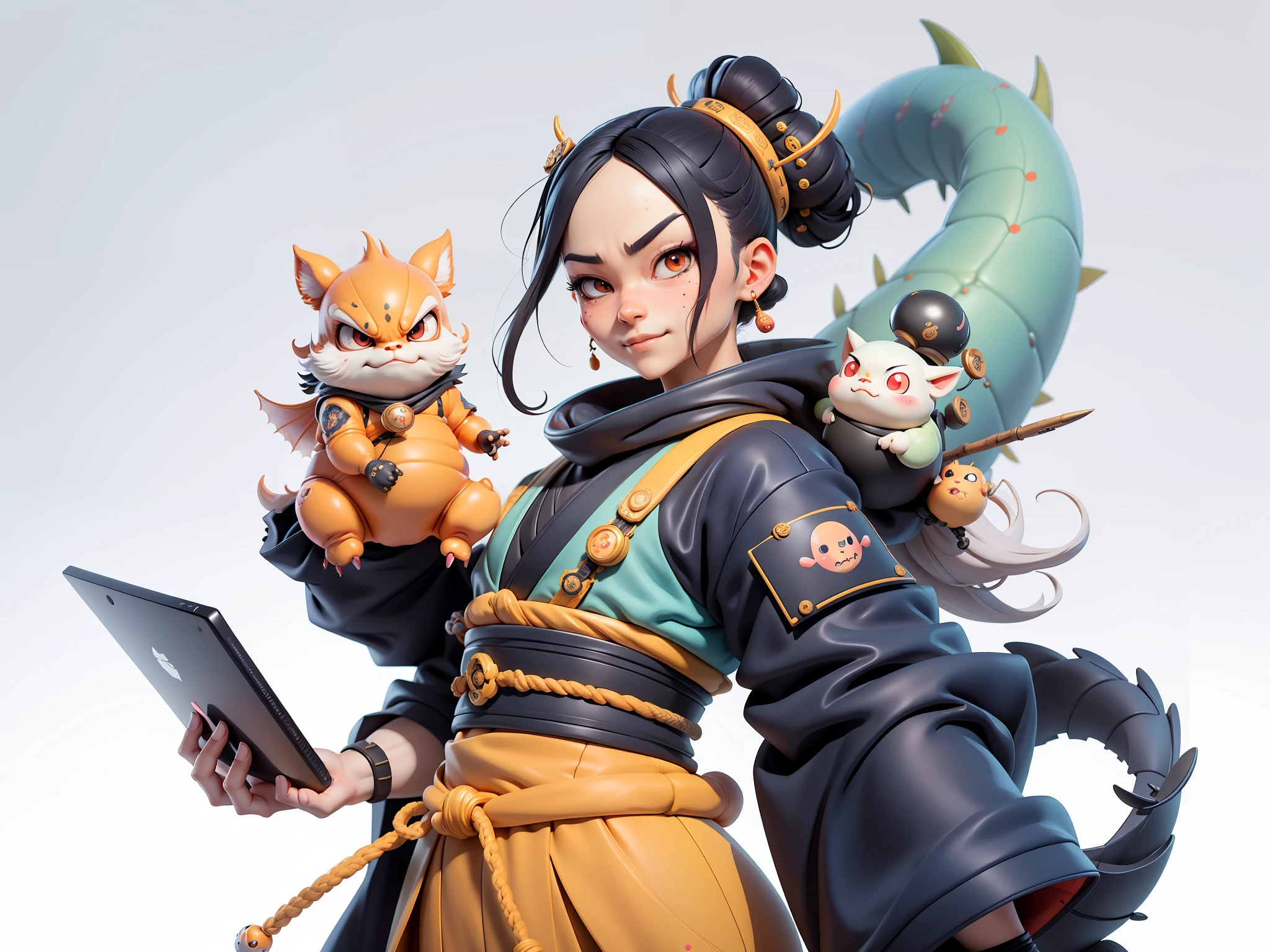 (Daisaku),(Need),(Super meticulous),(full bodyesbian:1.2),Japanese ukiyo-e girl,japanese geisha,Beautiful,Oriental dragon,Aeolian Thor,Raised sexy,爆乳,Oriental face,TV Anchor,Bust portrait illustration,Alone,In black suit,a blue tie,The face is slightly chubby,The face was clean,without a beard,Black super short hair,Black eyes,Smile confidently,3C computer sub-products,iPad, iphone,Digital painting,3D character design by Mark Clairen and Pixar and Hayao Miyazaki and Akira Toriyama,The illustration is a high-definition illustration in 4K resolution,With very detailed facial features and cartoon-style visuals。