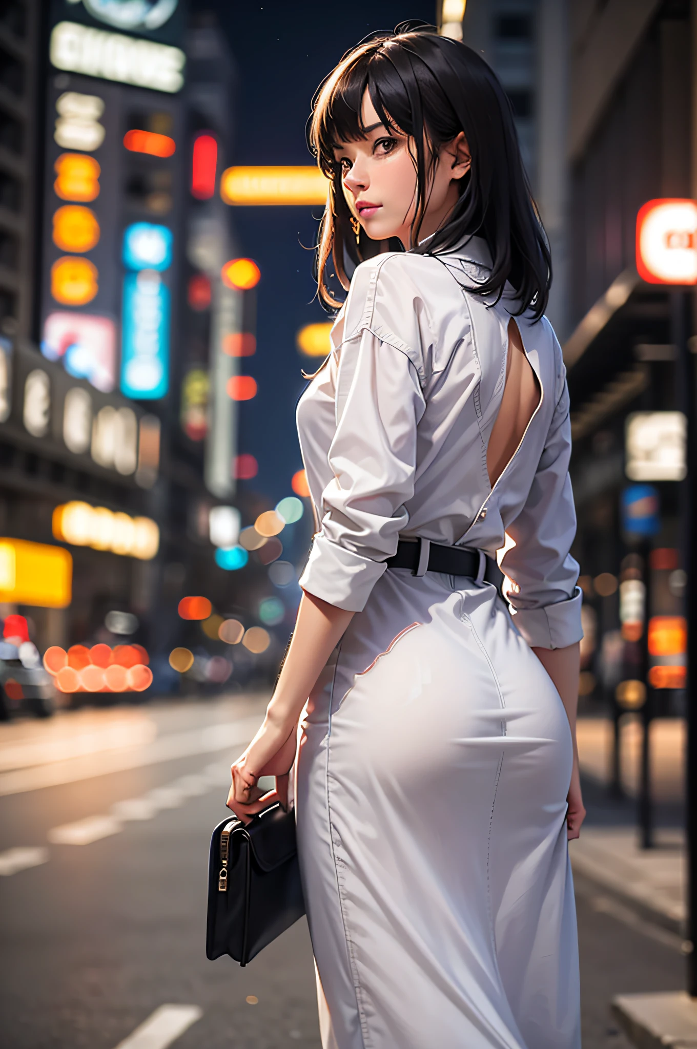 There was a woman walking down the street with her mobile phone, a picture by Niko Henrichon, Tumblr, Realism, calm evening. over the shoulder shot, bokeh in the background only, The background is blurred out, With your back to the camera, With your back to the camera, blur backgroun, unfocused, in city street at night, Blurred and sharp focus, blurry focus