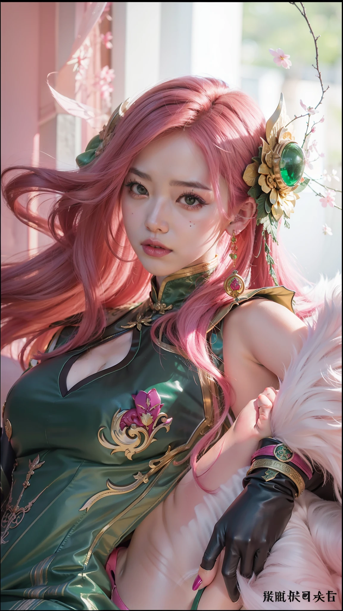 "Perfect,4K,Live cos,Pink hair,brown gauntlets,Green cheongsam,green high heels,Demon gas"