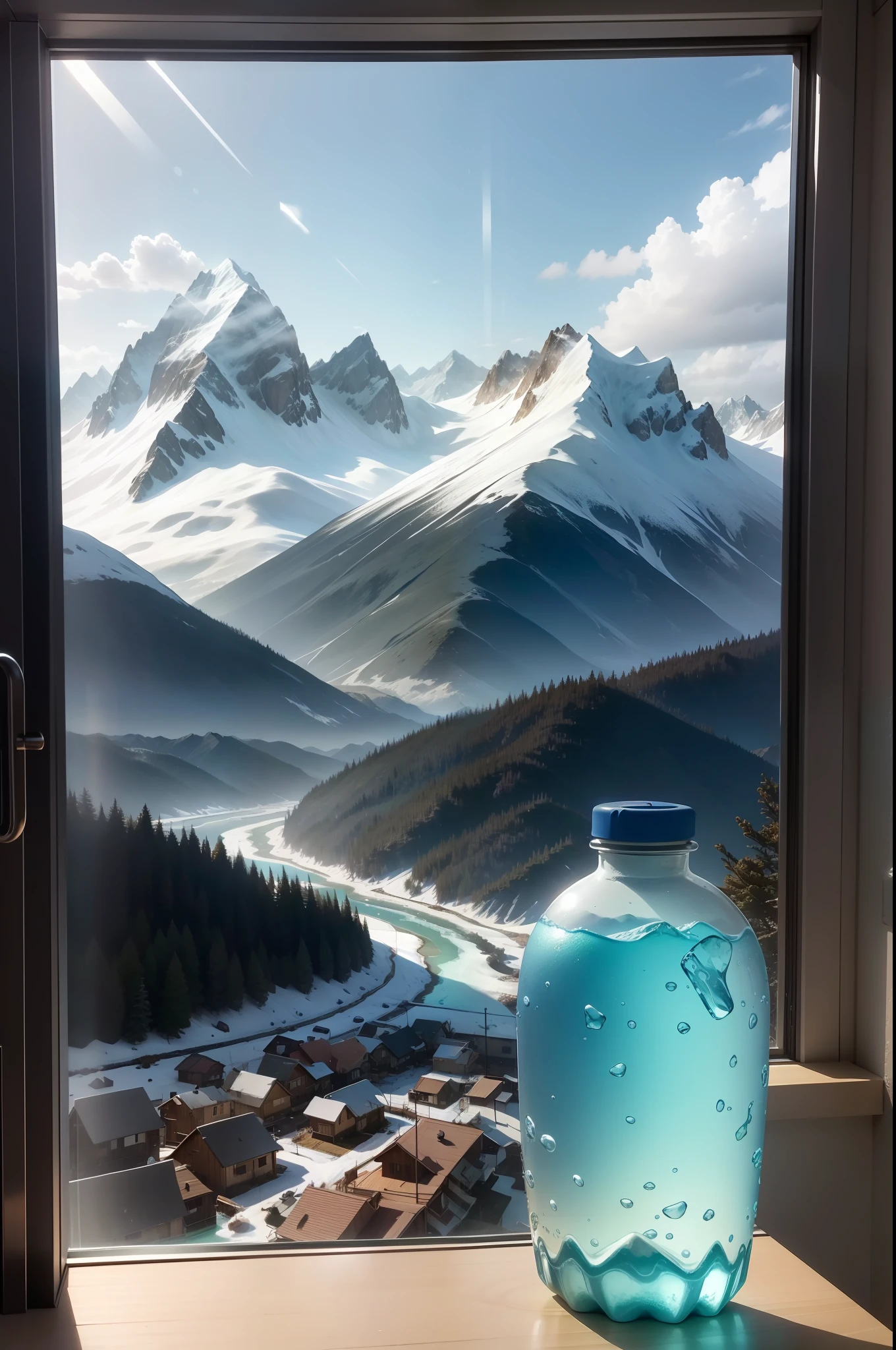 Mineral water bottle in the kitchen, Outside the window there are mountains,Clear water,ice cubes