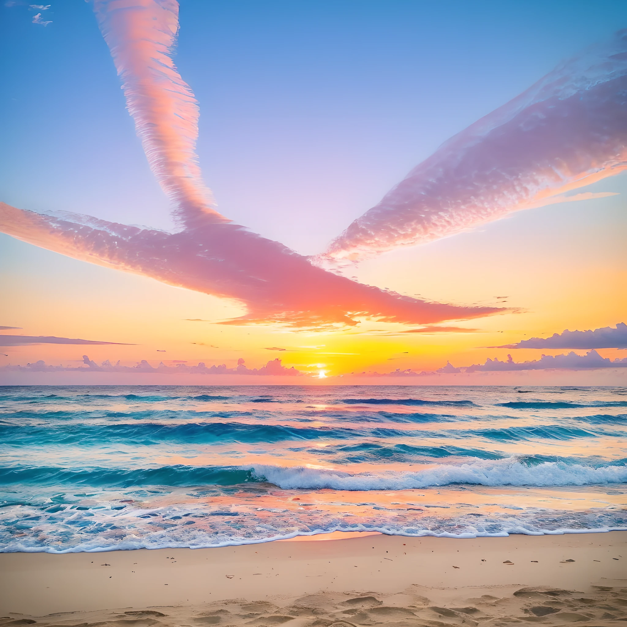 Oranges, pinks and yellows blend together to fill the sky, and the sunset over the beach is truly mesmerizing. The crystal clear waters gently kiss the coast, and the white sand beach stretches out endlessly. It's a dynamic and breathtaking scene with seagulls soaring high into the sky and palm trees gently swaying. Take in the calm atmosphere and peace will wash you away.