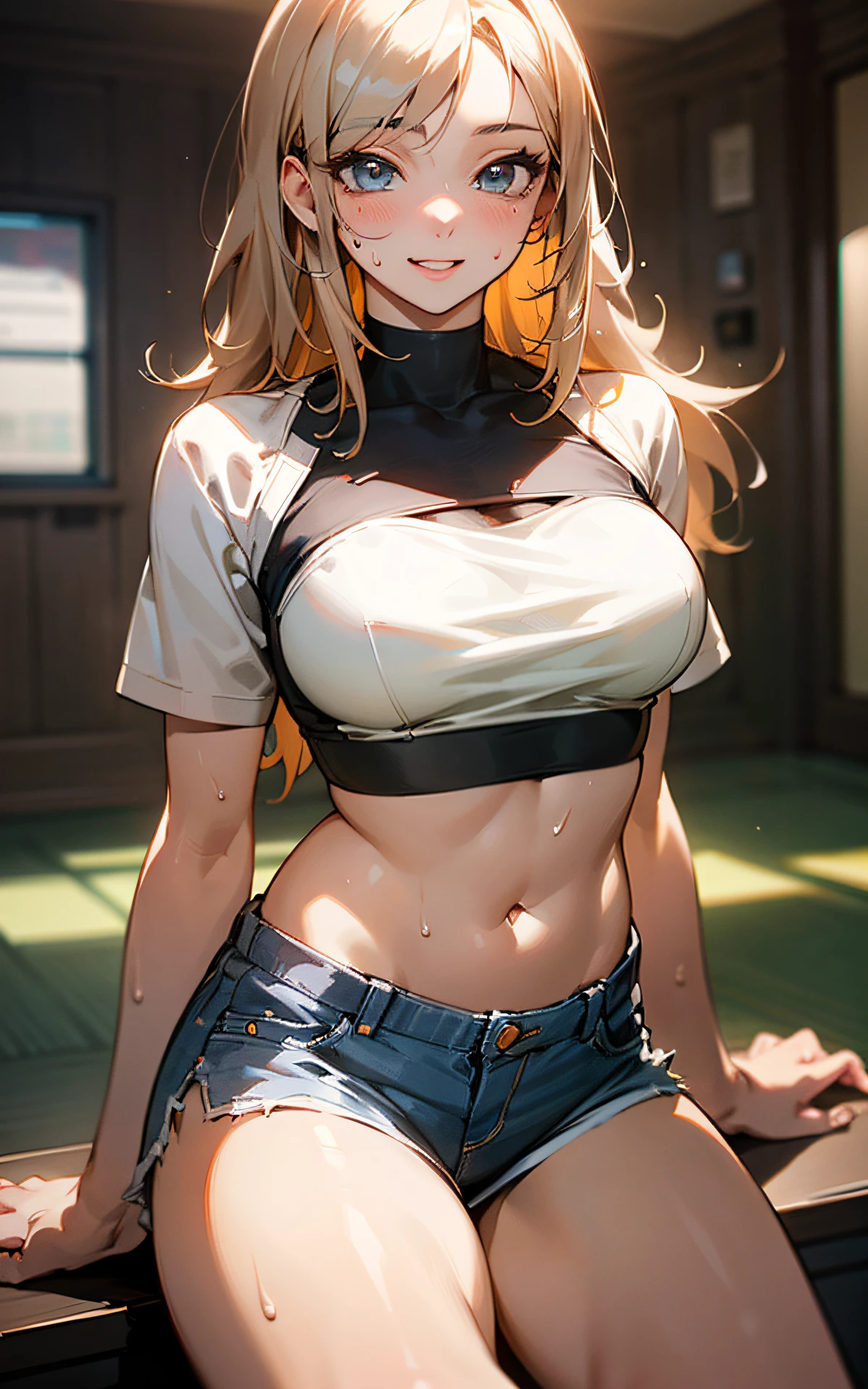 (Unity 16K Wallpaper, Masterpiece, Best Quality, Ultra-Detailed, Extremely Detailed CG, Beautiful Detailed Eyes, solo, curby), Ultra High Resolution, fine skin、sexy, Sweat, short shorts, plain tops, smile, (thigh fetish), , realistic clothing, casual clothes