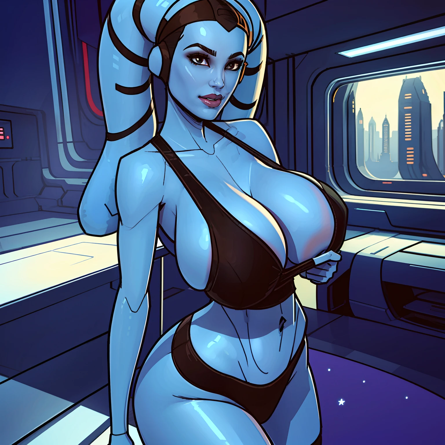 1girl, masterpiece, best quality, high-definition, ((busty, breasts)), big booty cutie, ((blue skin), twi'lek), sexy, confident, seductive, (wearing black tank top, panties, socks, ((busty))), slender body, thin, slim sexy body, slim waist, ((((huge boobs, huge breasts, tight ass))))), futuristic apartment, Star Wars,
