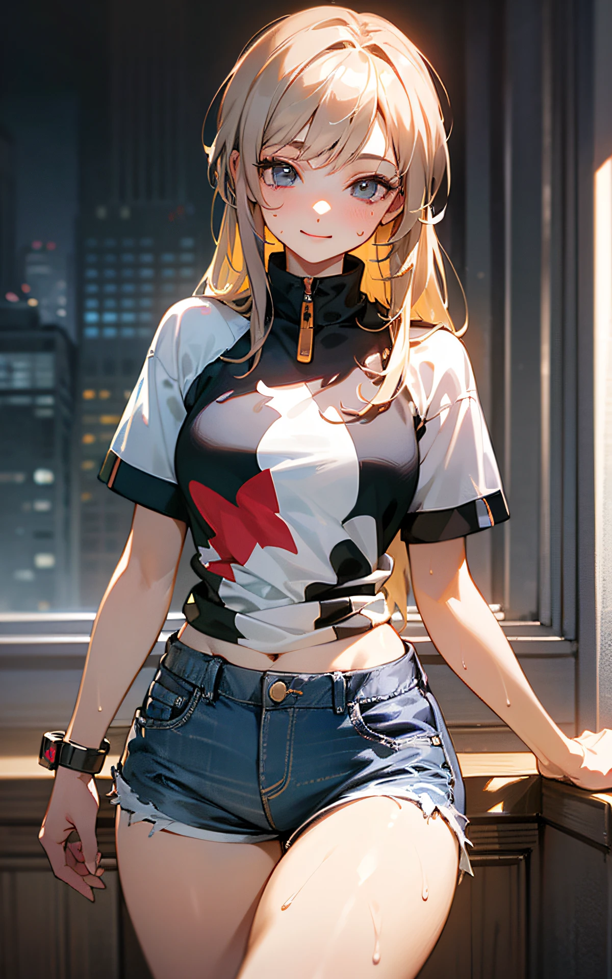 (Unity 16K Wallpaper, Masterpiece, Best Quality, Ultra-Detailed, Extremely Detailed CG, Beautiful Detailed Eyes, solo, curby), Ultra High Resolution, fine skin、sexy, Sweat, short shorts, plain tops, smile, (thigh fetish), 16 years old, realistic clothing, casual clothes