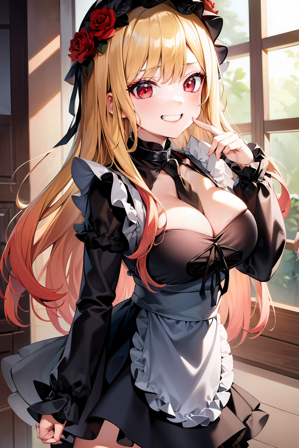 masterpiece, best quality, highres, kitagawa marin, 1girl, blonde hair, long hair, multicolored hair, red eyes, , bonnet, red rose, collar, gothic, frills, black dress, black necktie, cleavage, long sleeves, white apron, thighhighs, grin, cowboy shot, indoors,