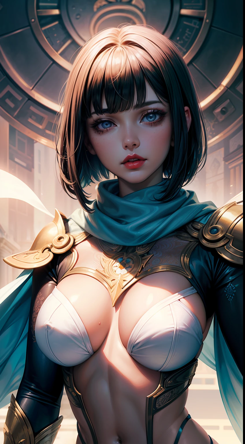 (Masterpiece) realistic BIG bust to the pelvic area ((beauty shape)) of a beauty hyperrealist & photorealist beauty young astonishing idol kpop Kunoichi girl wearing highly & extremely detailed cropped white & golden futuristic combat suit body with cape & scarf (masterpiece), magic & incantation glowing flying surrounded her, Unity 8k, pearly perfect wet skin with pores (short bob cut hair with colorful bangs fringes) ((perfect face shapes, complete perfect red lips, perfect nose, correct beautiful eyes, eyelashes, detailed intricate iris textured face in ZBrush)), Ultra HD, vines, midnight aura, H.R Giger style aesthetic, developed by Unreal Engine 5, Ultra Sharp Focus, Art by Alberto Seveso, Sci-Fi, vibrant & intricate Artwork, golden Ratio, epic