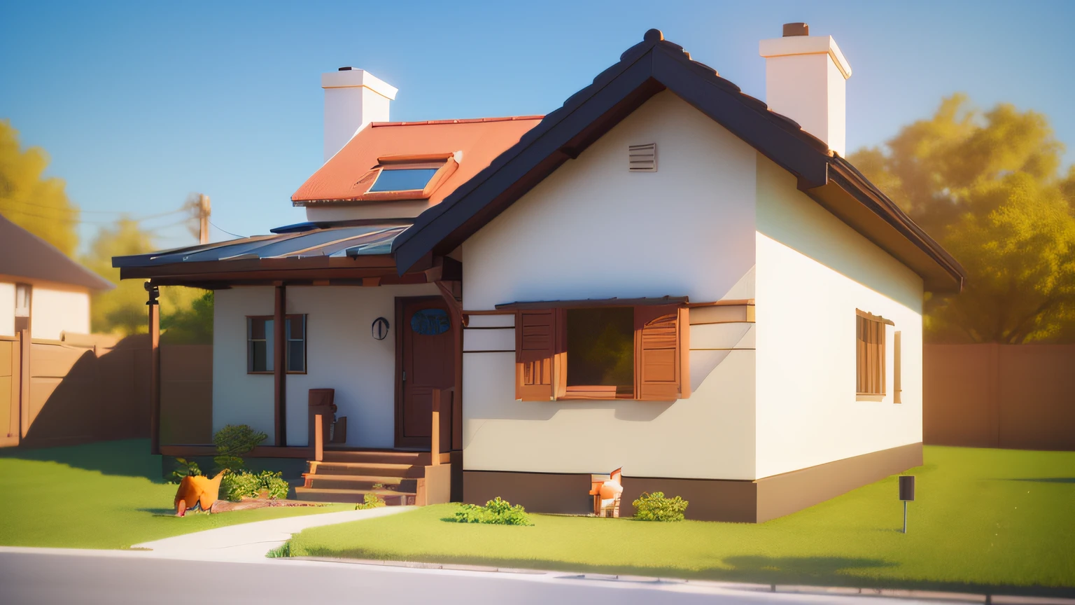 There is a small animal sitting in front of a small house,Cute 3d render,Cute!C4D,Cartoon stylized 3D rendering,Party,Render together,toon render keyshot,3D stylized scenes,animation style render,3D clay rendering。