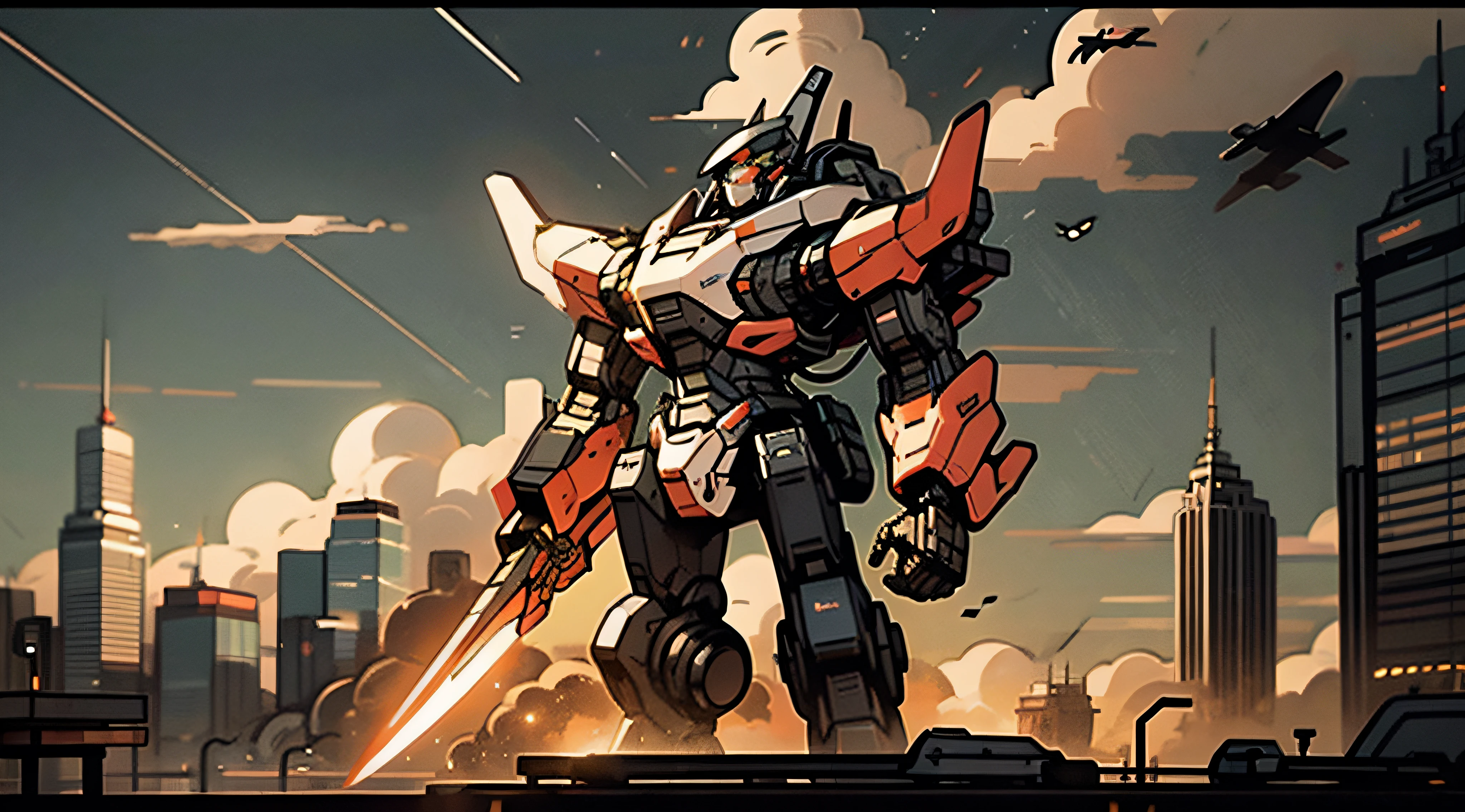 masterpiece, best quality, sky, cloud, holding_weapon, glowing, robot, building, glowing_eyes, mecha, science_fiction, city, realistic,mecha, red color, full body, looking into the distance,