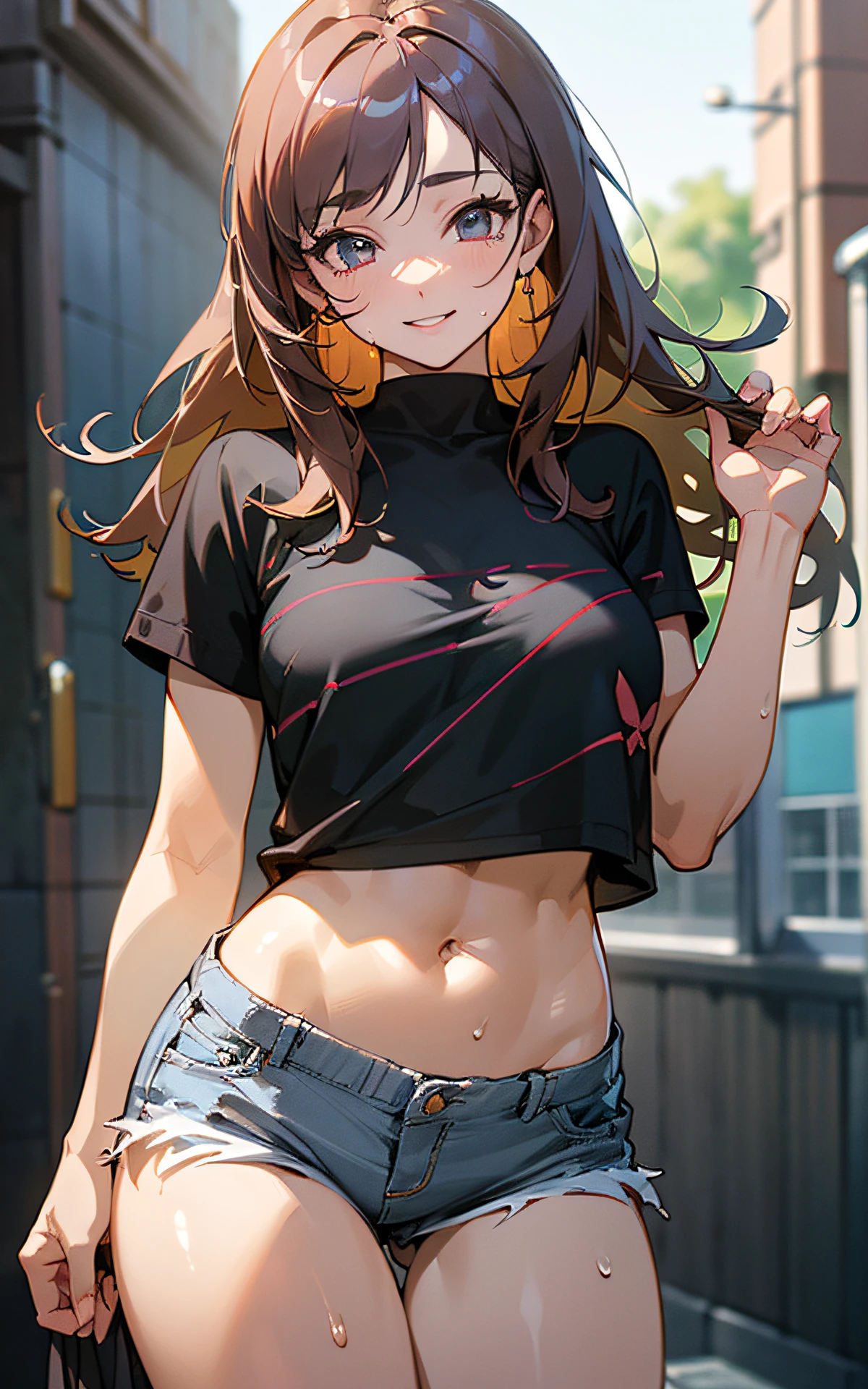 (Unity 16K Wallpaper, Masterpiece, Best Quality, Ultra-Detailed, Extremely Detailed CG, Beautiful Detailed Eyes, solo, curby), Ultra High Resolution, fine skin、sexy, Sweat, short shorts, plain tops, smile, (thigh fetish), 16 years old, realistic clothing, casual clothes