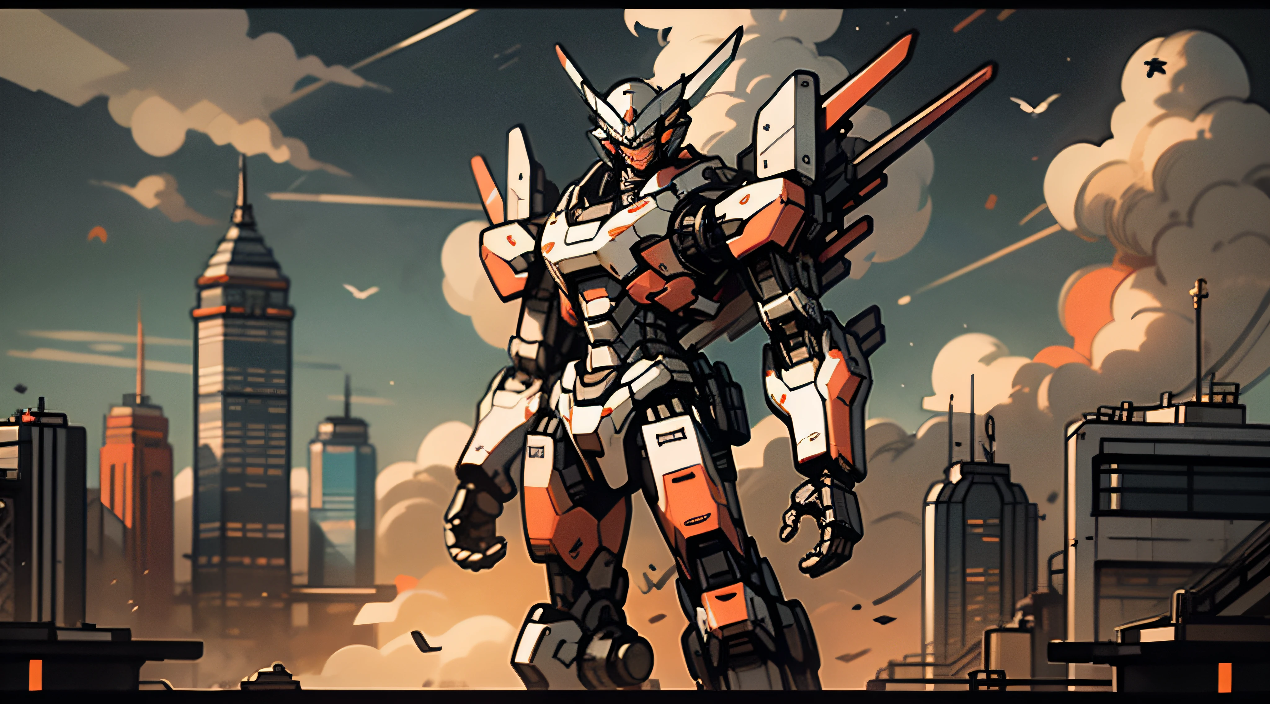 masterpiece, best quality, sky, cloud, holding_weapon, glowing, robot, building, glowing_eyes, mecha, science_fiction, city, realistic,mecha, red color, full body, looking into the distance,