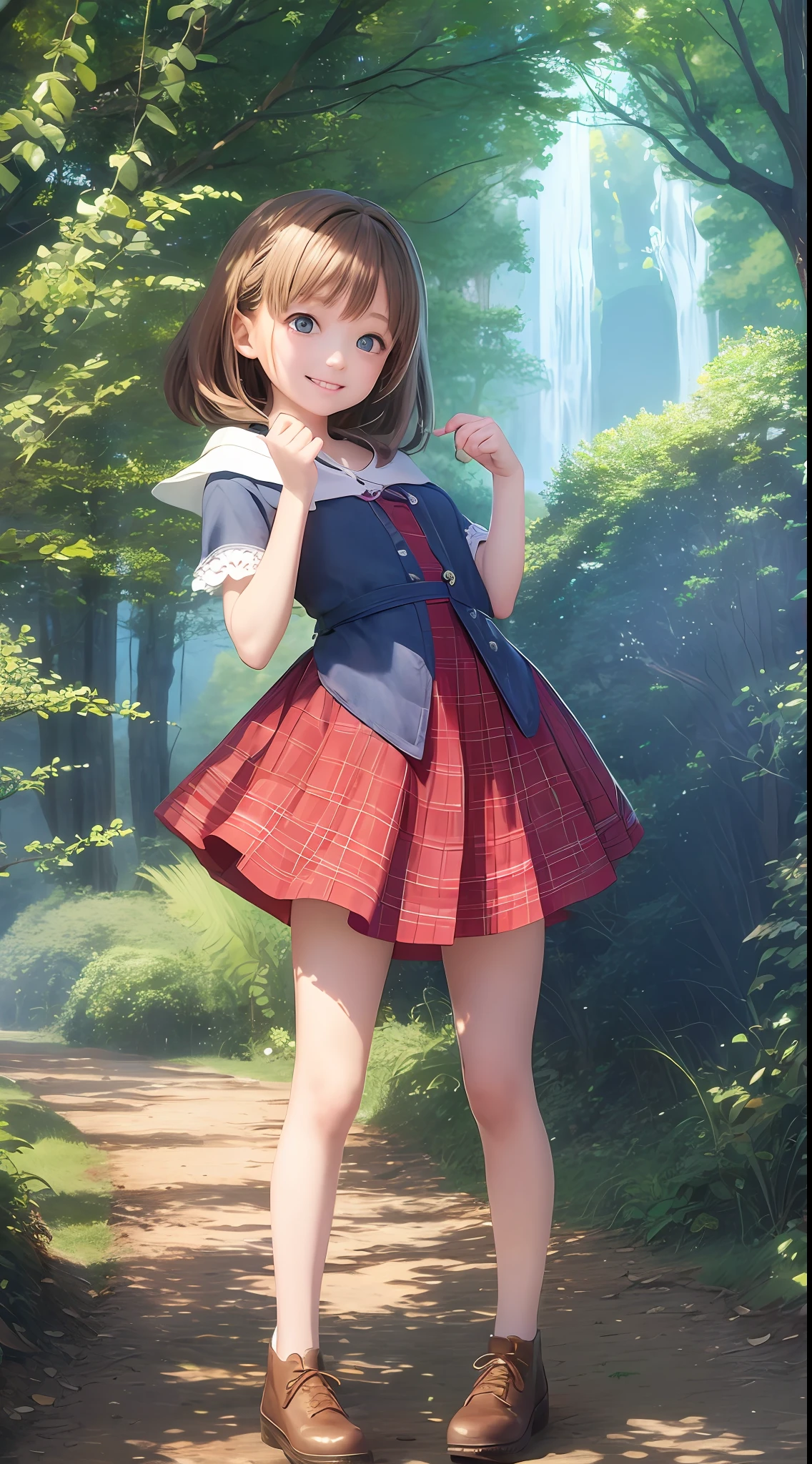 8 year old girl in the Enchanted Forest,Simple clothes,Pixar's smile。
