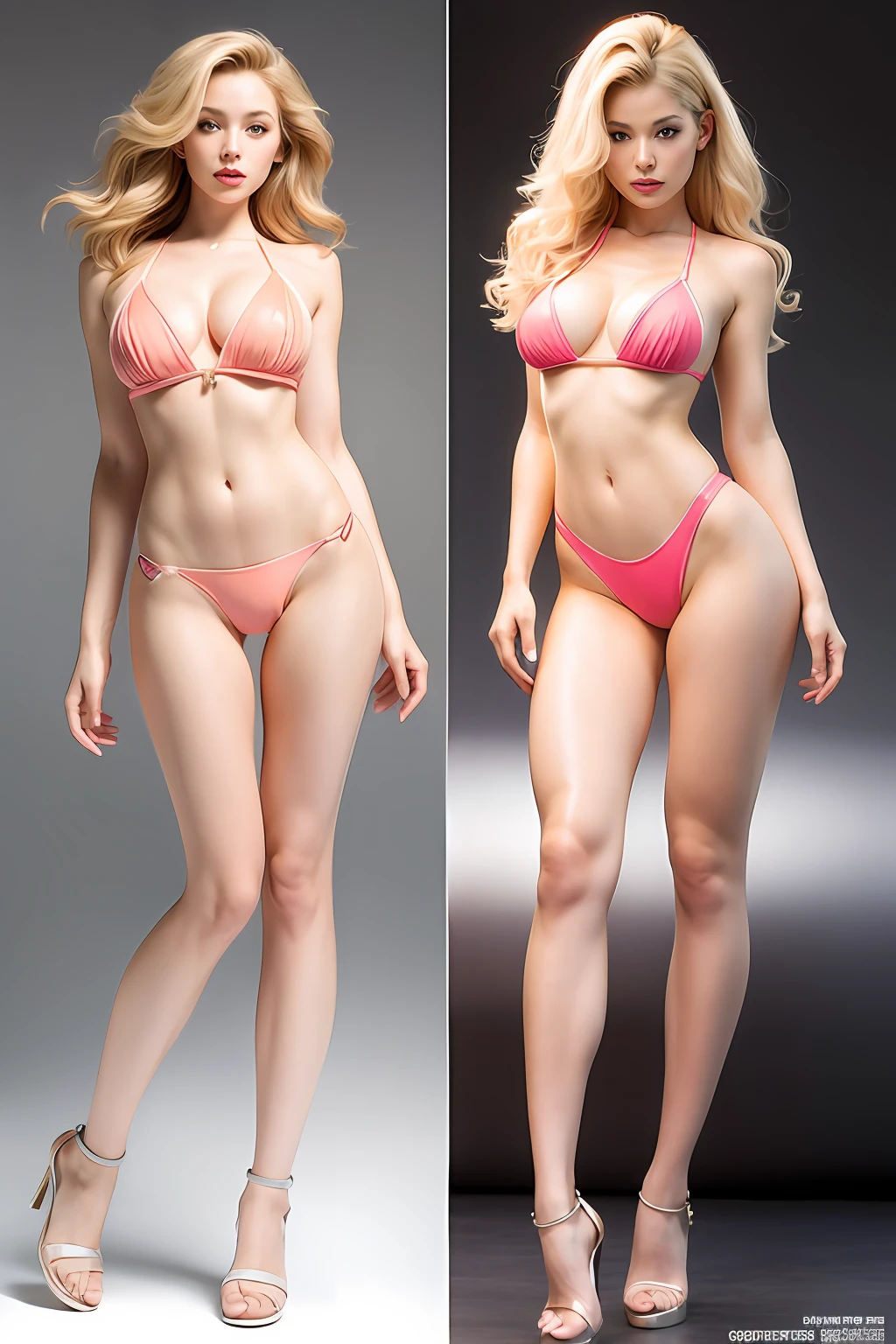 Exaggerated breasts, cleavage, peach buttocks, long legs, transparent bikini swimsuit