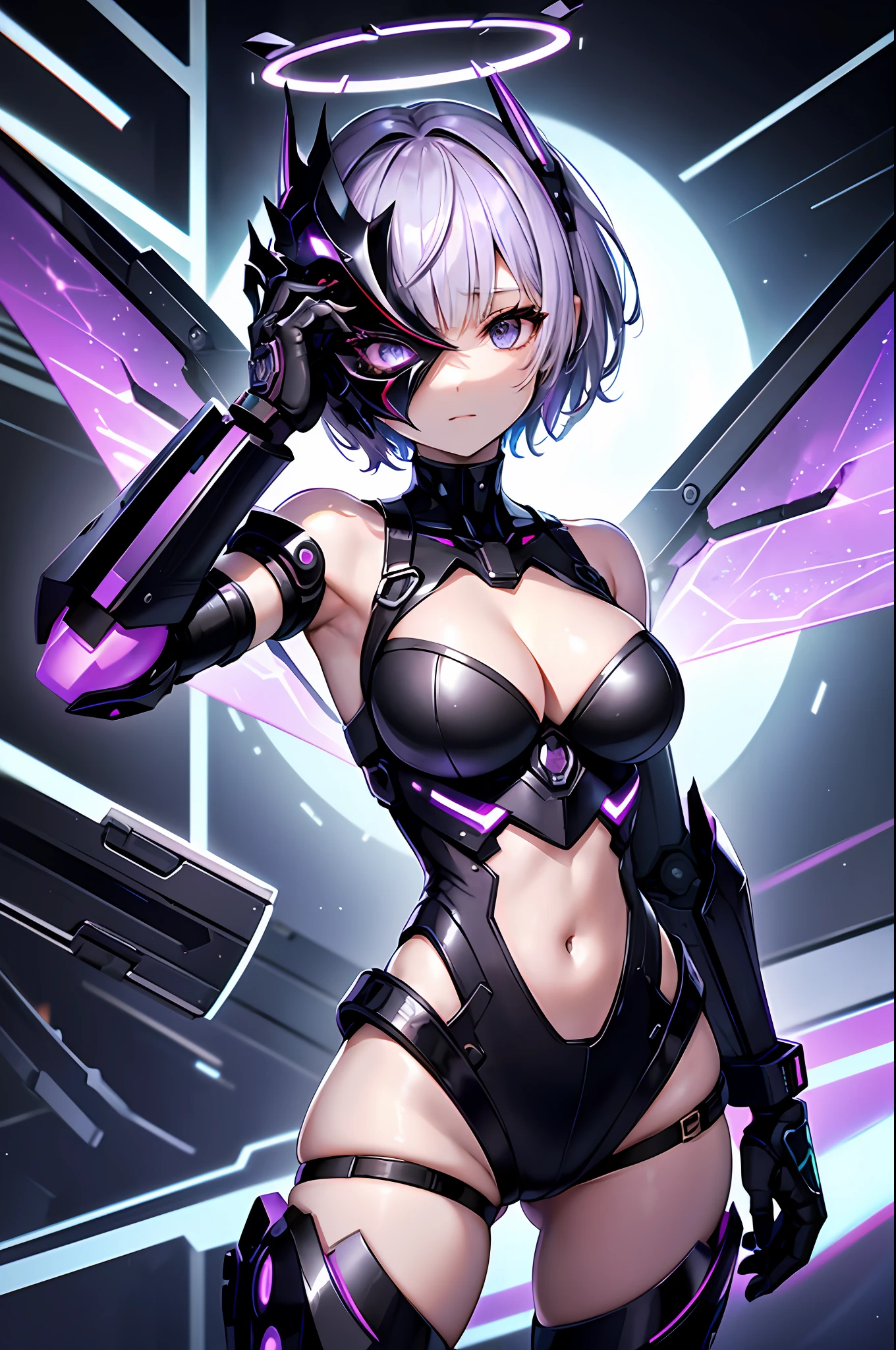 Highest Quality, ​masterpiece, unbelievably beautiful, ultra-detailed, accurate depiction, very delicate 8k wallpaper, (beautiful mechanical girl), solo, science fiction, (HDR), BREAK, (pixie cut hair:1.3), (purple hair, short shaved sides, very short back, very short side, under cut, side cut:1.3), BREAK, (exoskeleton suit), (perfect fingers, 4fingers and 1thumb), (Heavily armored limbs:1.1), (bare shoulder, cleavage, navel, zettai_ryouiki), BREAK, cowboy_shot, side focus, open stance, (cyber tech punk mask:1.2), huge thrusters on the waist, BREAK, (headgear with sharp angles on both sides of the head: 1.2), ( Mechanical Giant Black Halo: 1.2),