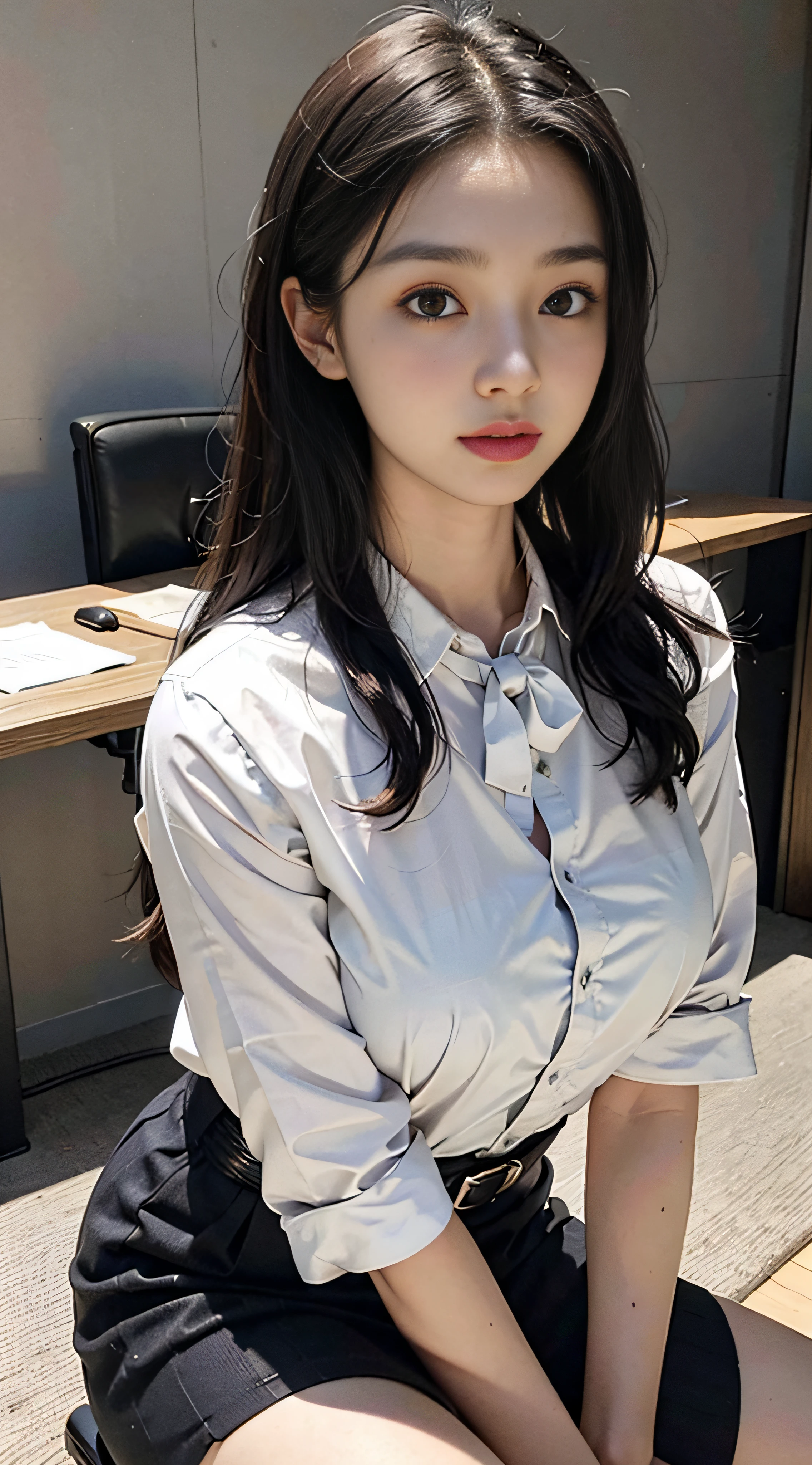 top-quality、Full body portrait、delicated face、cute face、a 25yo woman、slim figure、Petite bust、OL Uniform、Office Clothes、Black stockings、Outdoor Scene、A dark-haired、realisitic、white shirt、neck tie、huge-breasted, japanes、super model、full body Esbian、White button、Cutter shirt、Beautiful fece、cute little