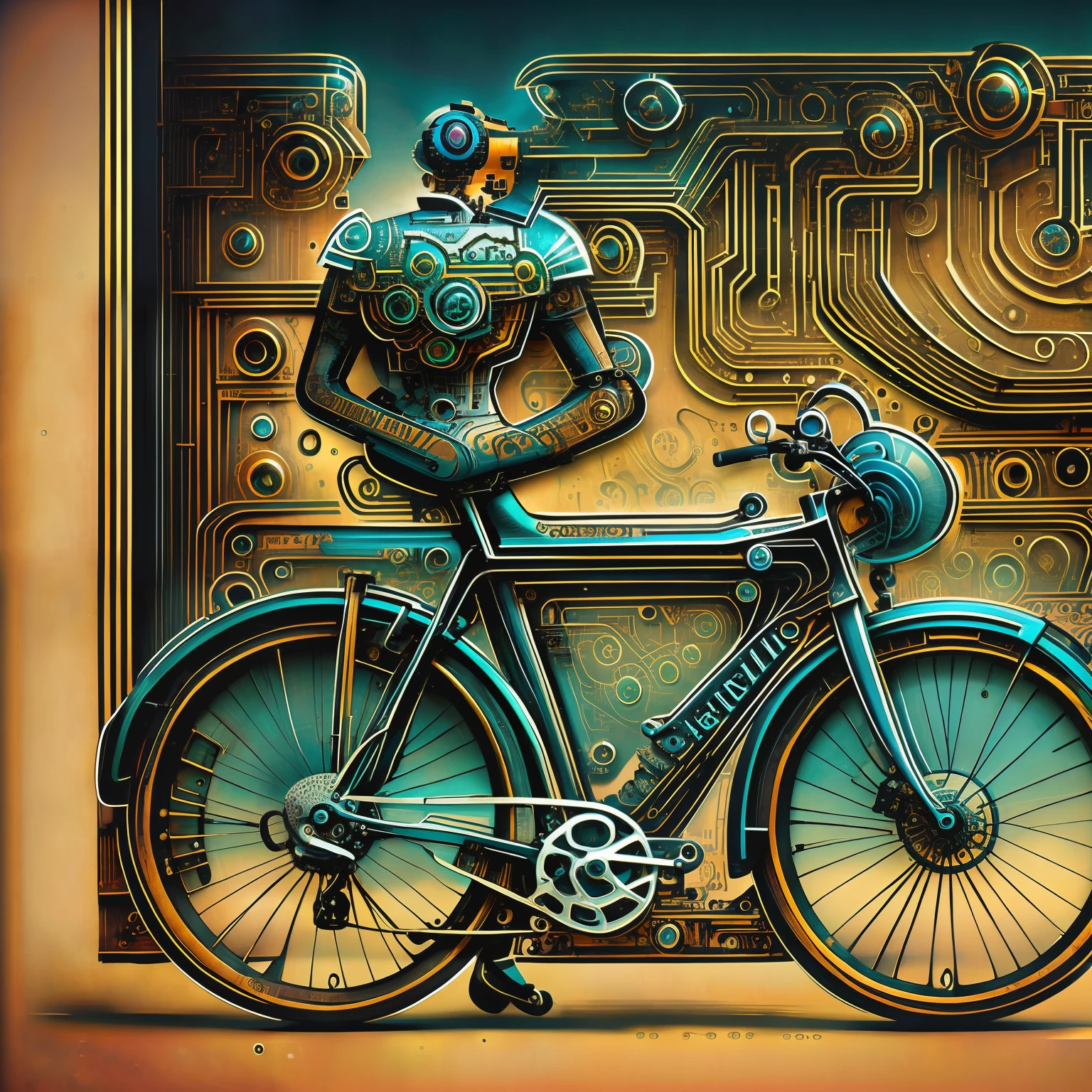 (steampunkai), uma bicicleta de lado em estilo steampunk, Keith Haring (EUA),colorido,32k