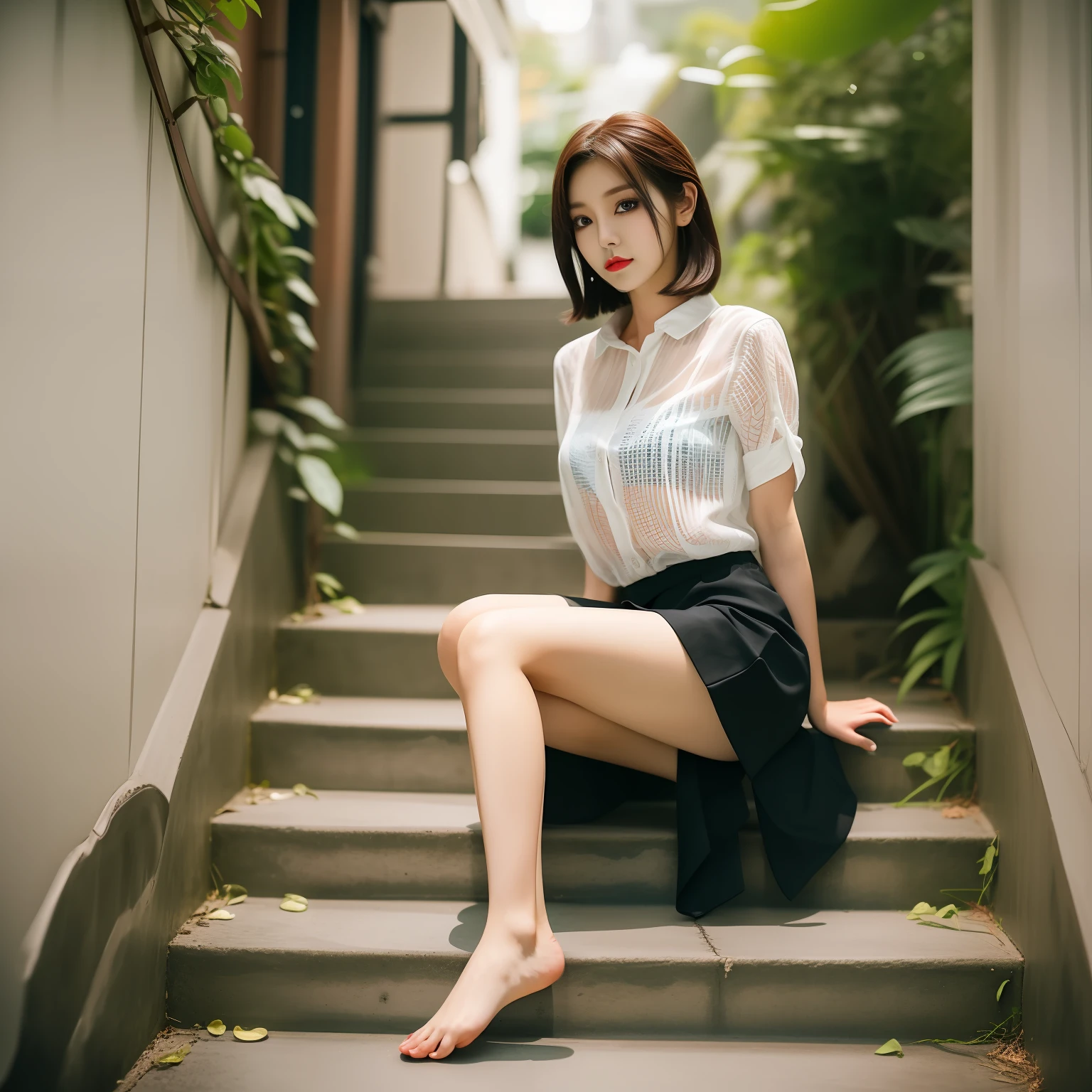 8K,best qualtiy,An Asian woman,Eye makeup,short skirt,pantiess,Very long legs,Barefoot,Full body photo,sit on stairs