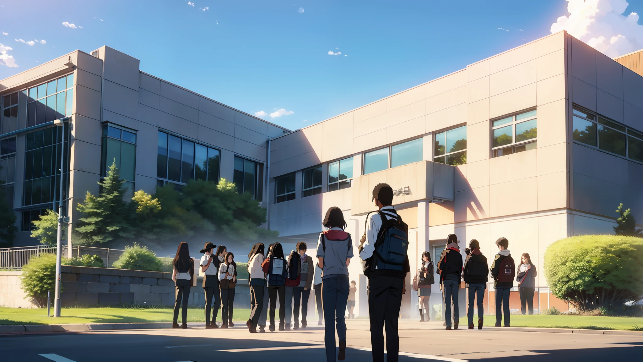 In high school,A group of people stood in front of the school building