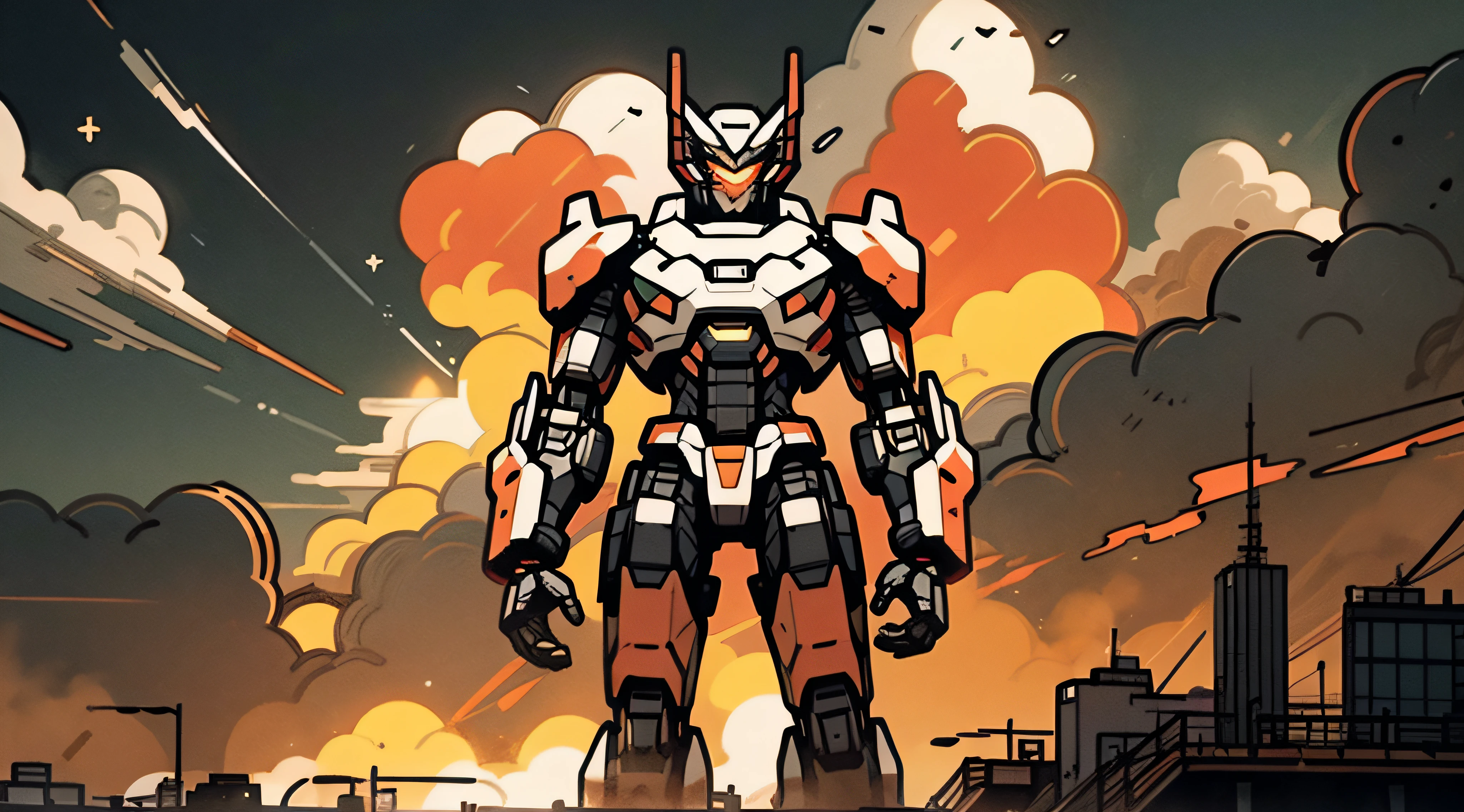 masterpiece, best quality, sky, cloud, holding_weapon, glowing, robot, building, glowing_eyes, mecha, science_fiction, city, realistic,mecha, red color, full body, looking into the distance,